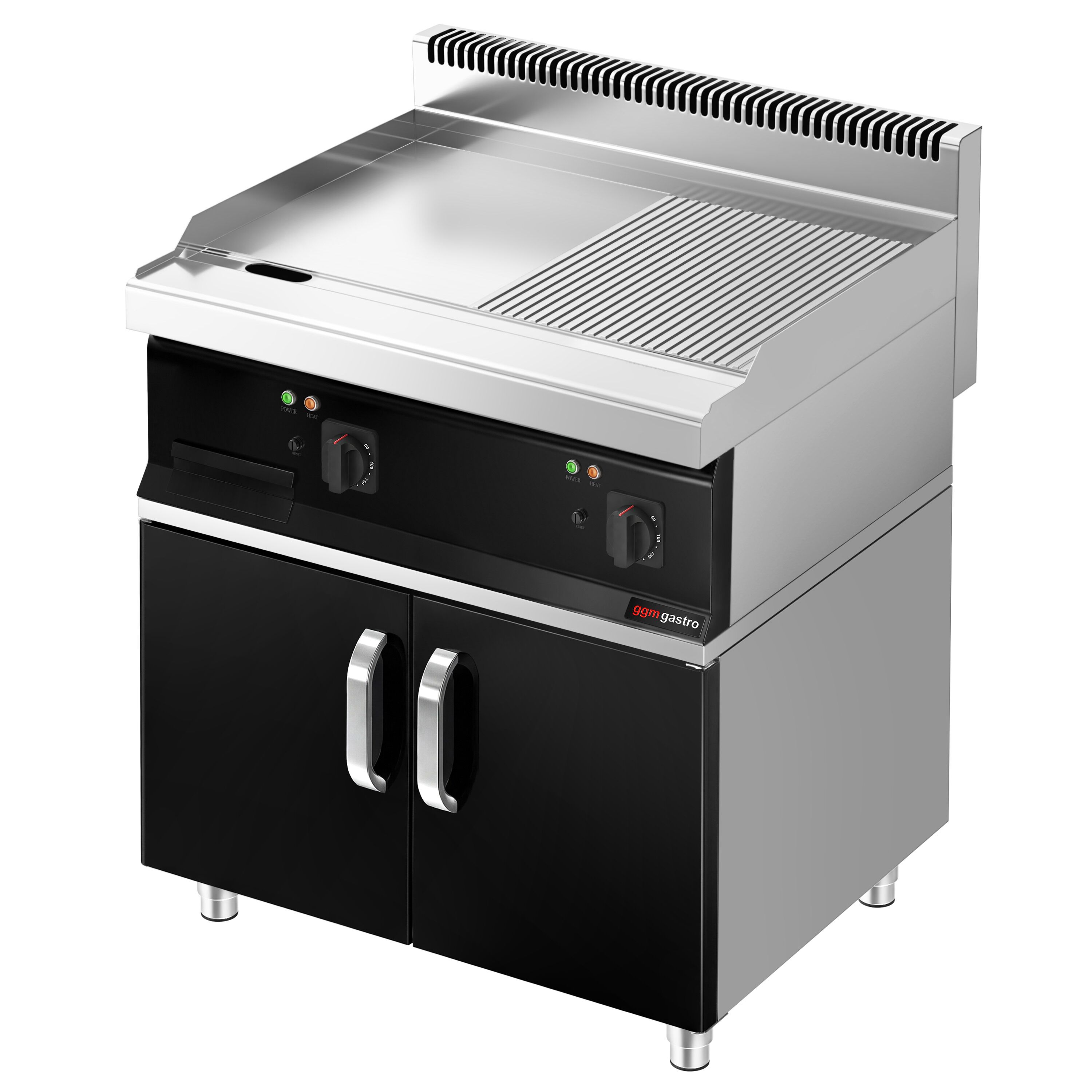 Commercial Electric Griddle - 13.8kW - Smooth/Ribbed Plate (half & half) - Cooking area: 795x535mm - with Cabinet Base - 2 Doors