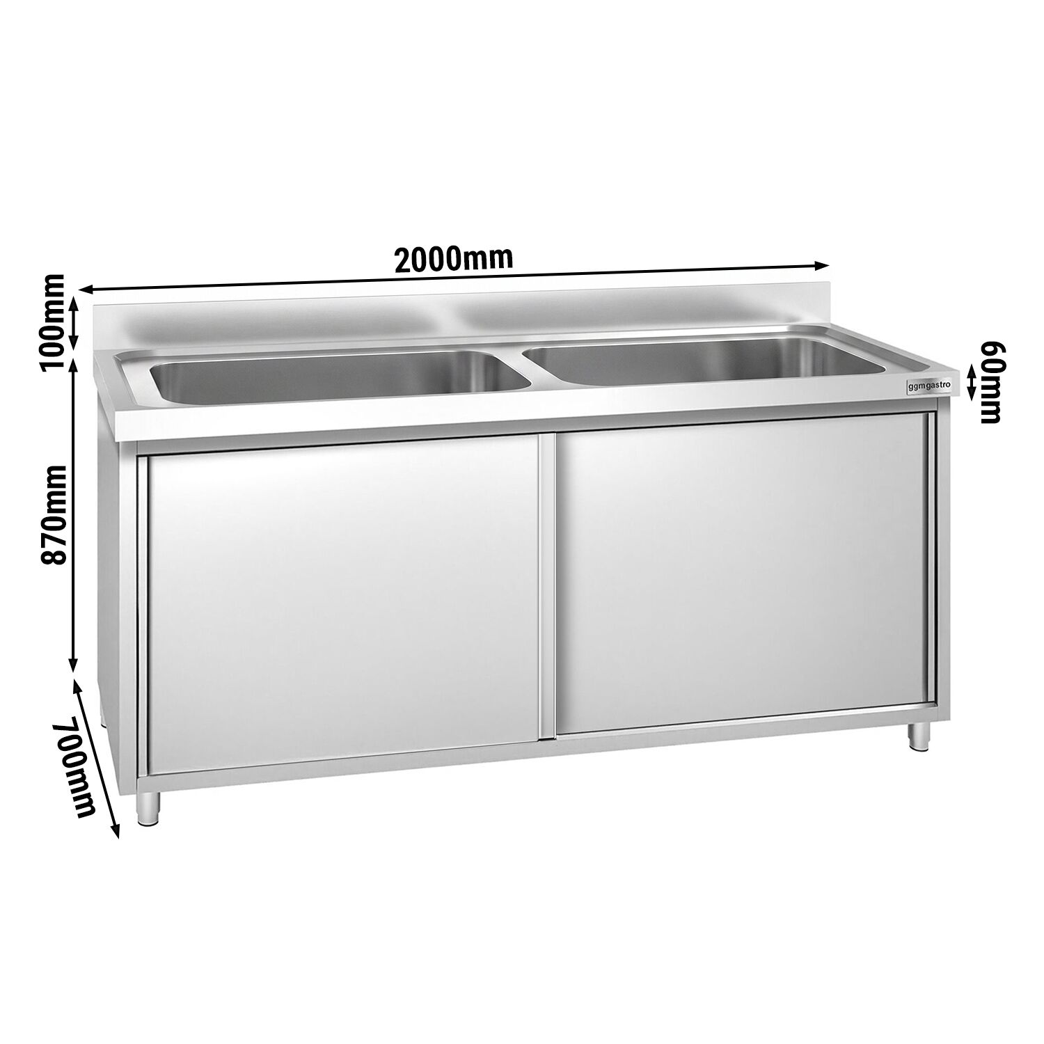 PREMIUM pot washing cabinet - 2000x700mm - with 2 basins