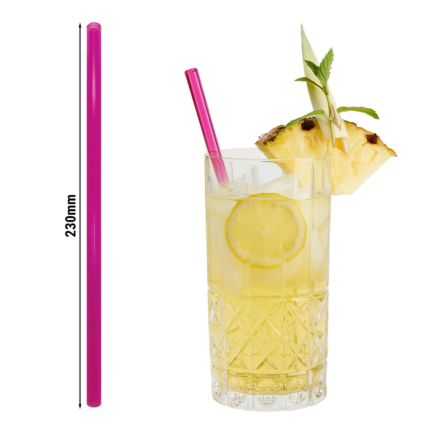 (50 Stück) Glastrinkhalme - 230mm - ø 8mm - Neon Pink - inkl. 1 Reinigungsbürste