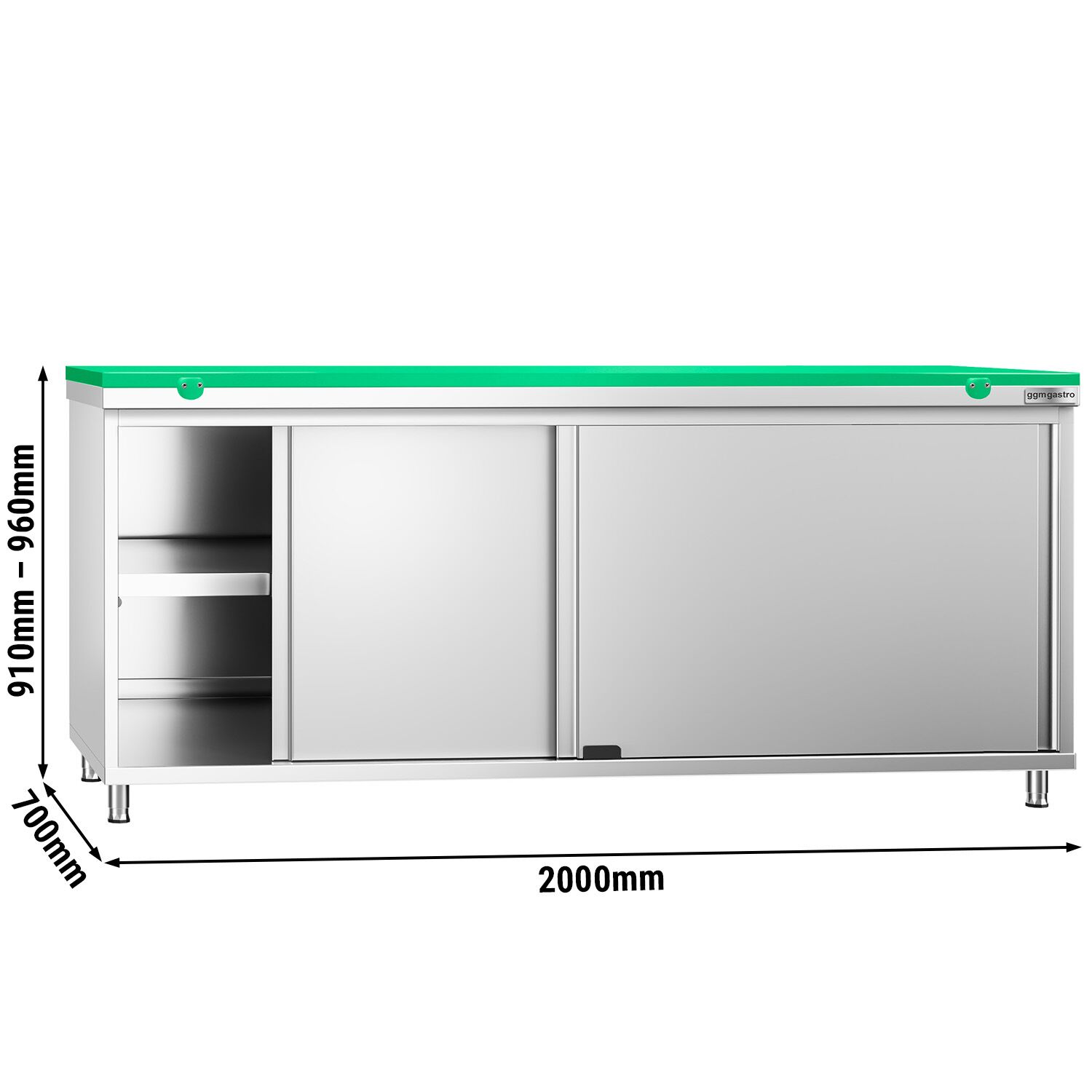Table armoire en acier inoxydable PREMIUM - 2000x700mm - avec portes coulissantes et étagère basse - pour fruits et légumes - incl. plateau de découpe Vert PEHD (HACCP)