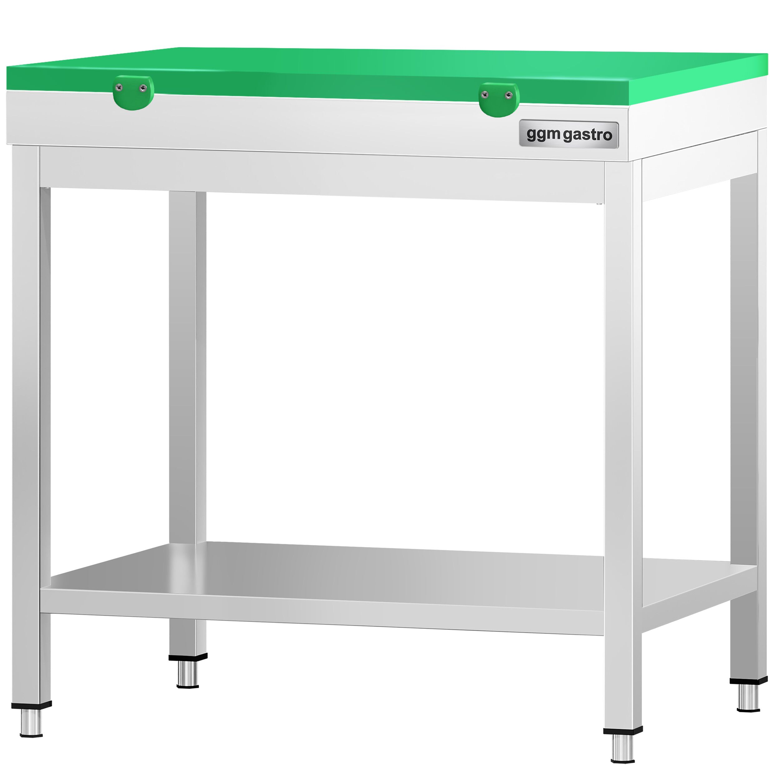 Stół roboczy centralny ze stali nierdzewnej PREMIUM - 600x600mm - z półką - z deską do krojenia Zielony