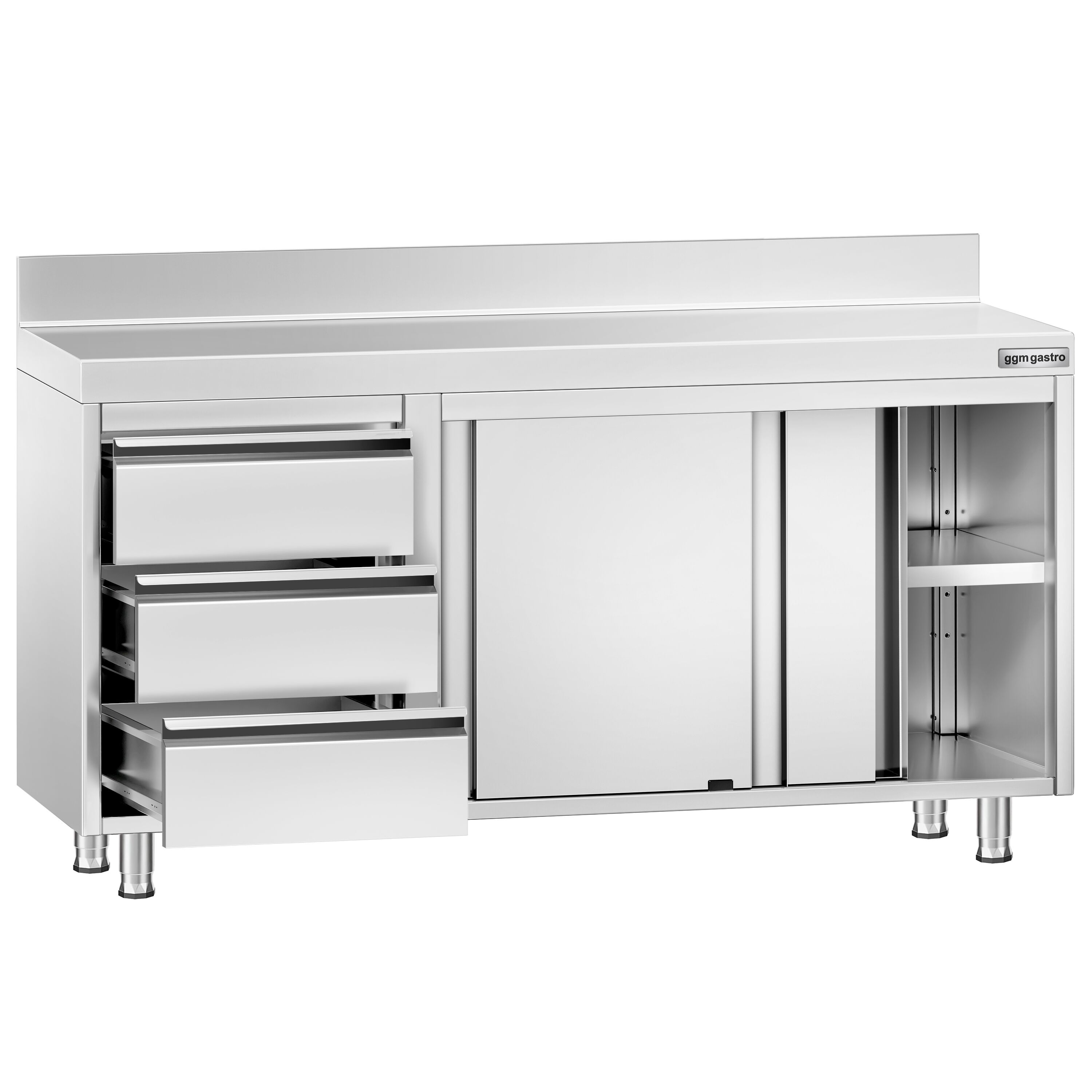 Table armoire en acier inoxydable PREMIUM - 1400x700mm - avec 3 tiroirs à gauche et portes coulissantes - avec dosseret