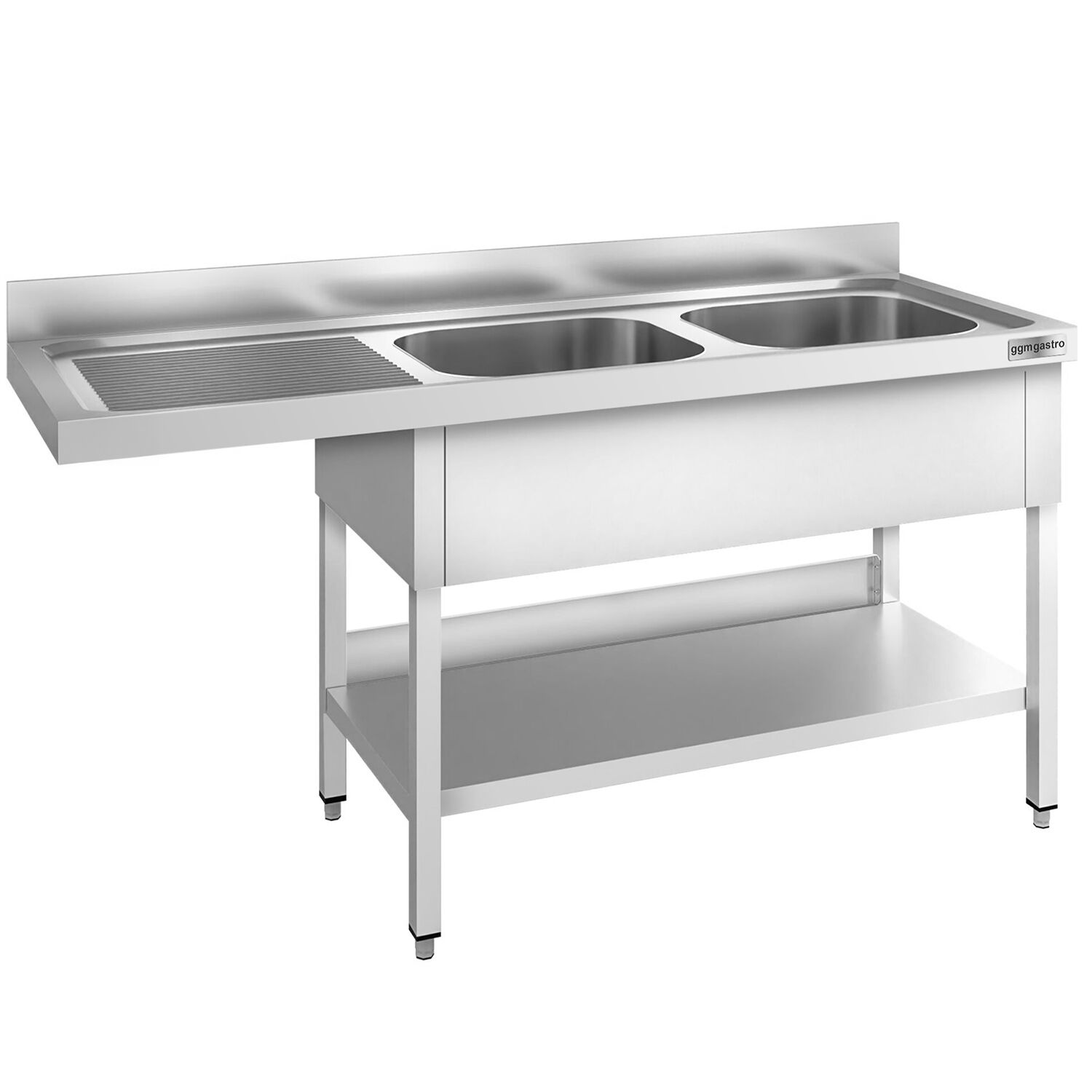 Plonge PREMIUM en acier inoxydable - 1800x700mm - 2 bacs - bac à droite - avec espace lave-vaisselle - adossée/avec dosseret