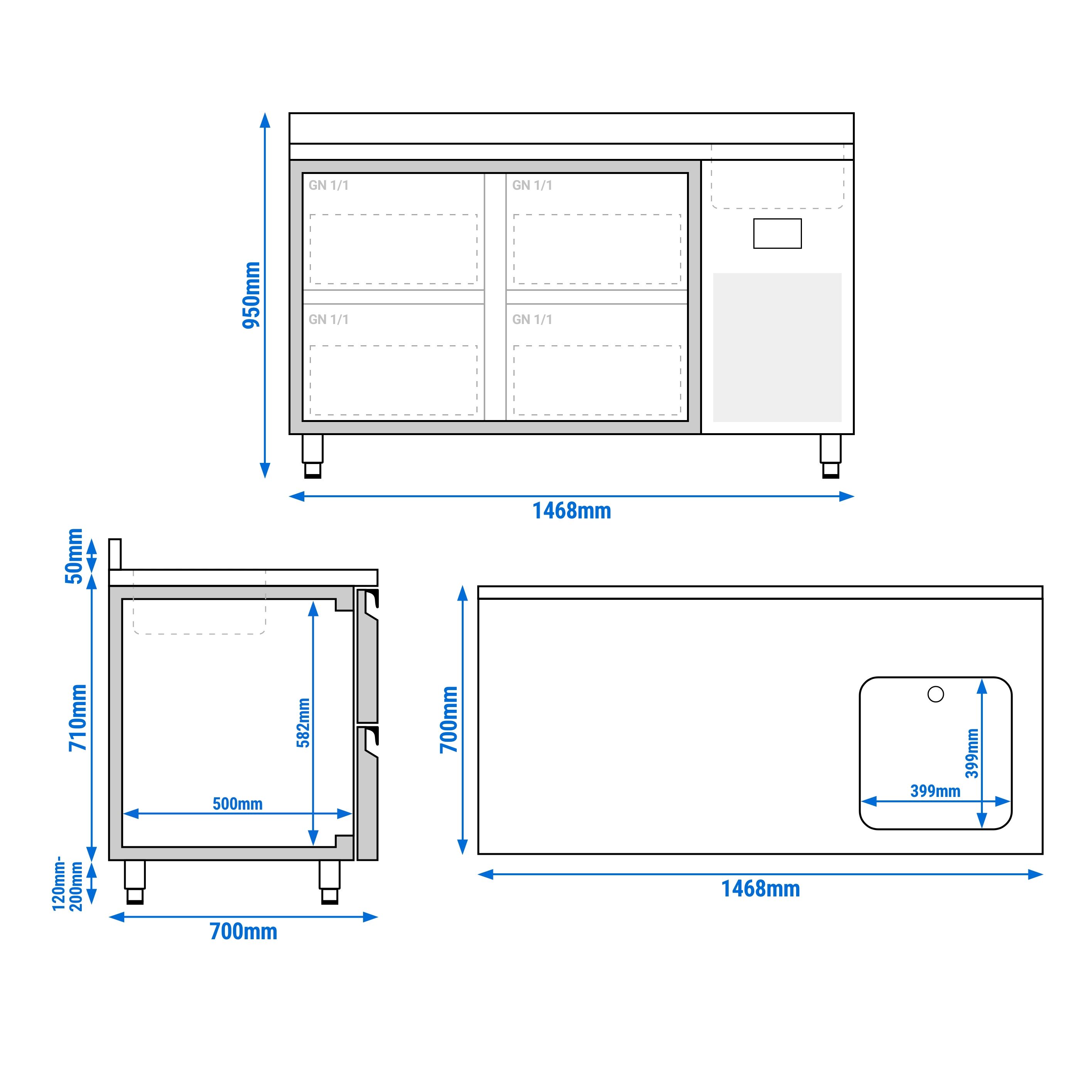 Table réfrigérée Premium PLUS - 1468x700 mm - avec 1 bac & 4 tiroirs - avec dosseret