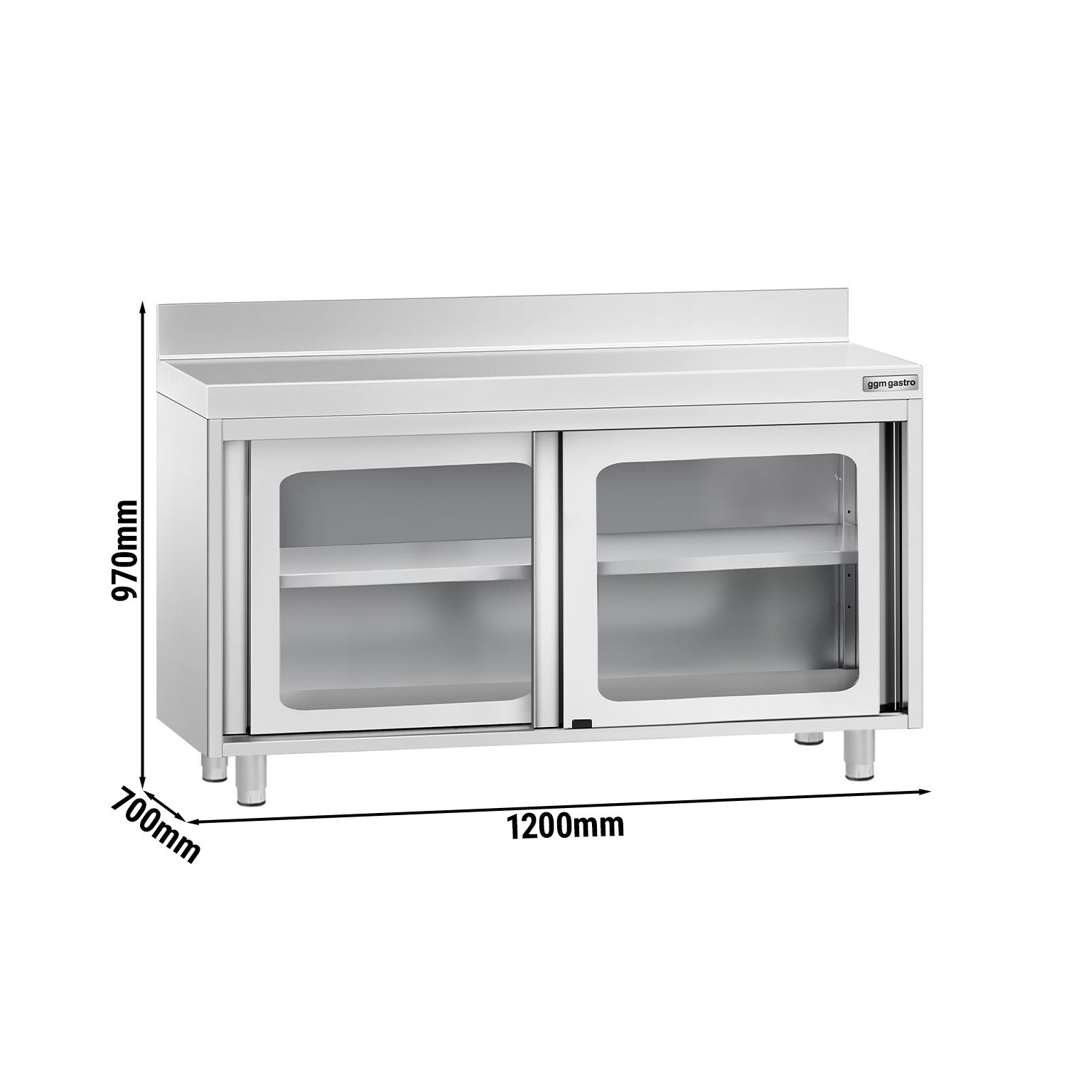 Table armoire en acier inoxydable PREMIUM - 1200x700mm - avec portes coulissantes vitrées - avec dosseret
