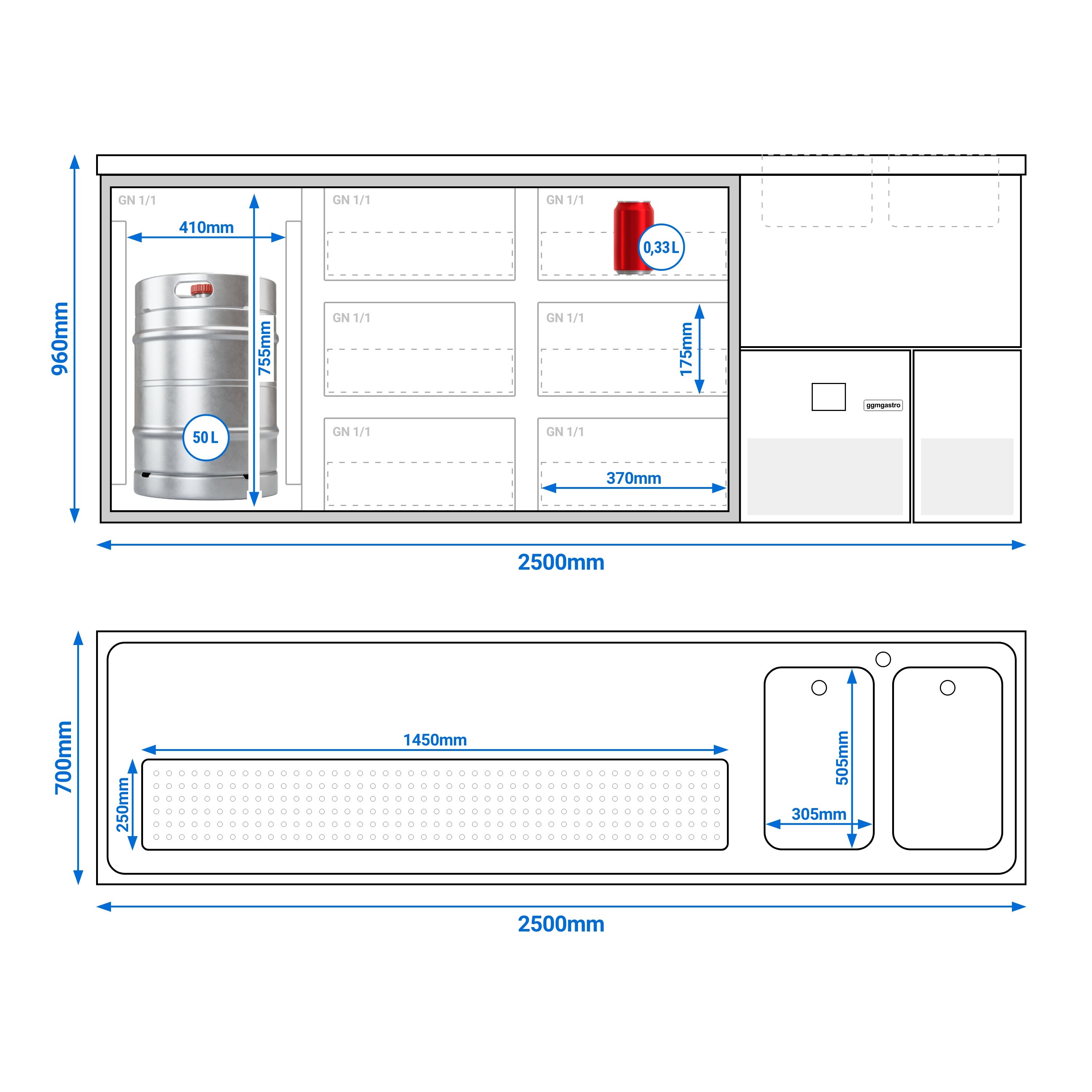 Comptoir de bar réfrigéré PREMIUM - 2500x700mm - 1 porte vitrée & 6 tiroirs en verre