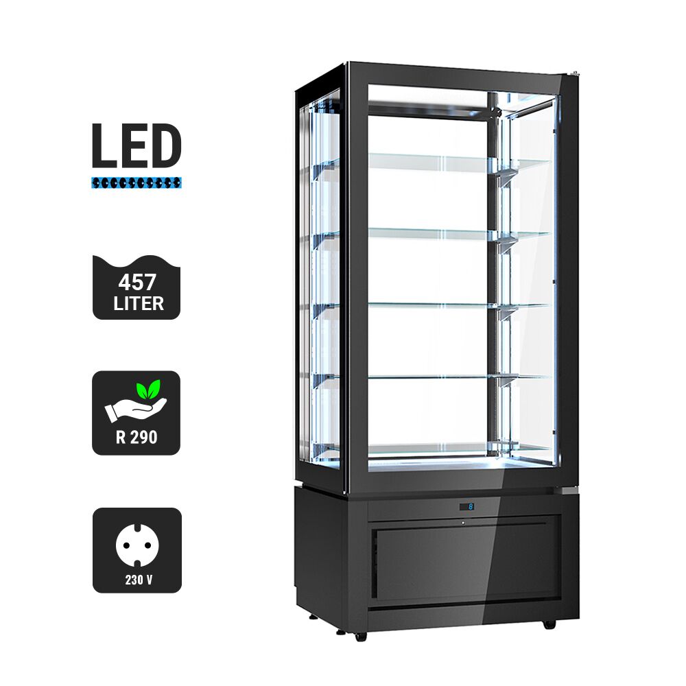4-Sided Glass Display Fridge - 457L - 805mm - with 5 glass shelves - 1 glass door front - for patisserie - Black