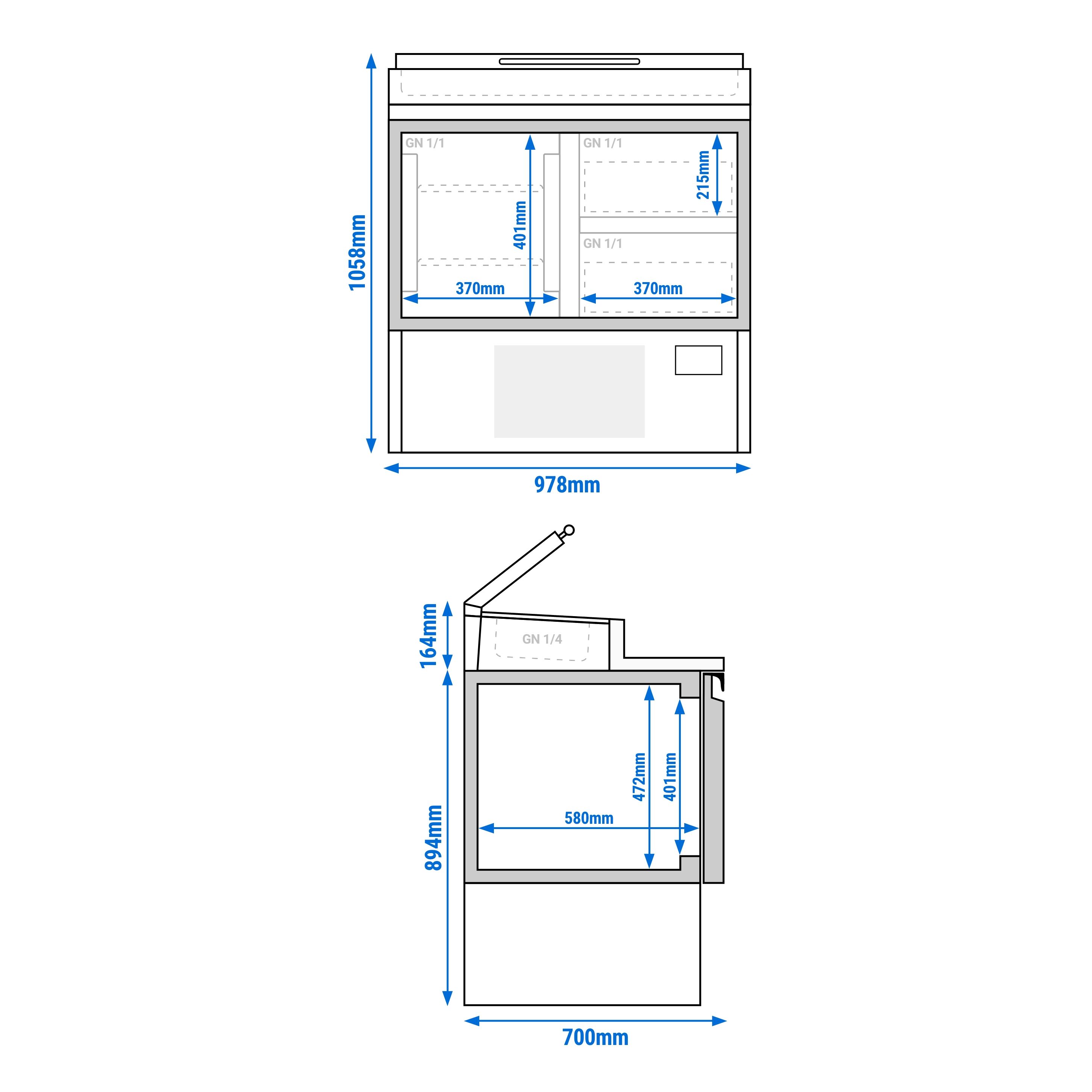 Table réfrigérée de préparation Mini - 978 x 700 mm - avec 1 porte et 2 tiroirs - avec superstructure en inox 5 x GN 1/4