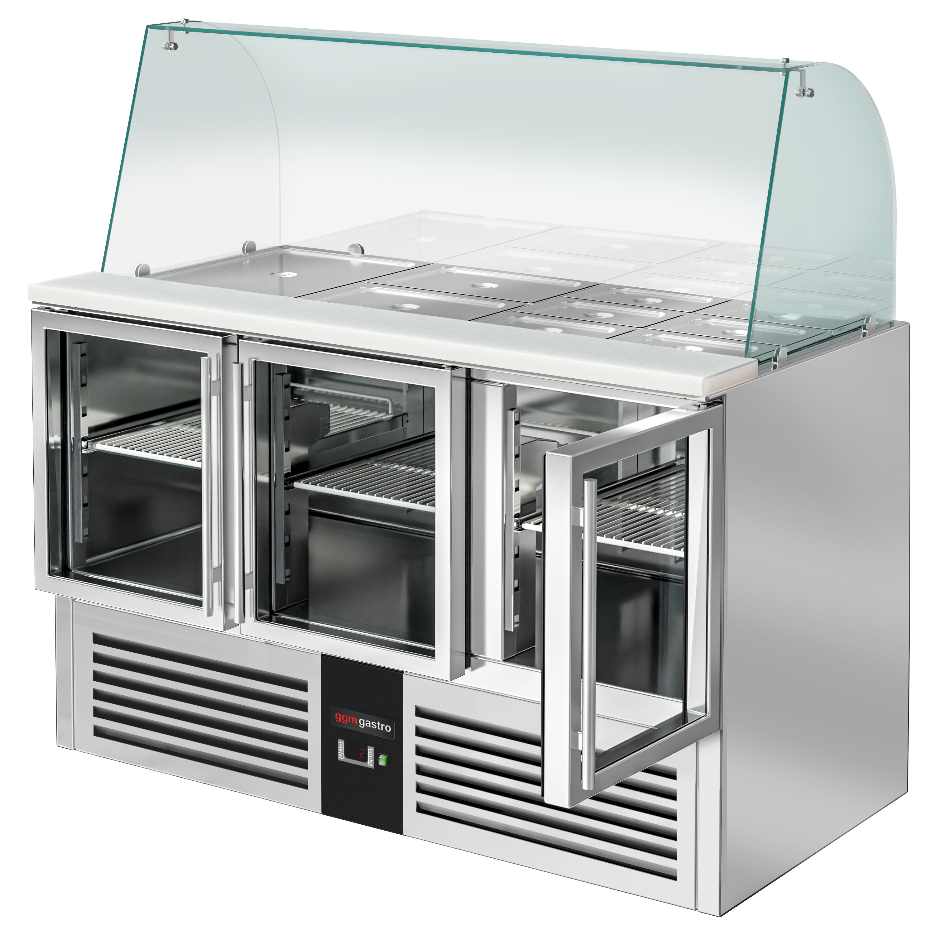 Saladette réfrigérée PREMIUM - 1368mm - 288L - 3 portes vitrées - avec vitrine de comptoir pour 4x GN 1/1