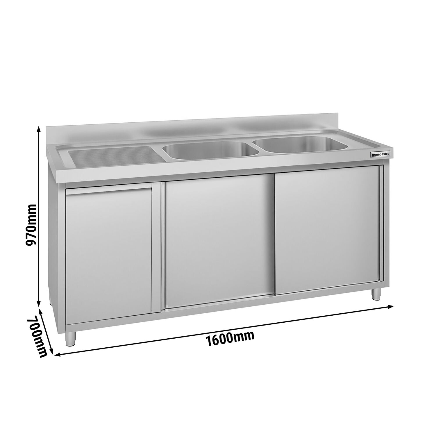 Meuble évier ECO - 1600 x 700 mm - avec poubelle & 2 bacs à droite