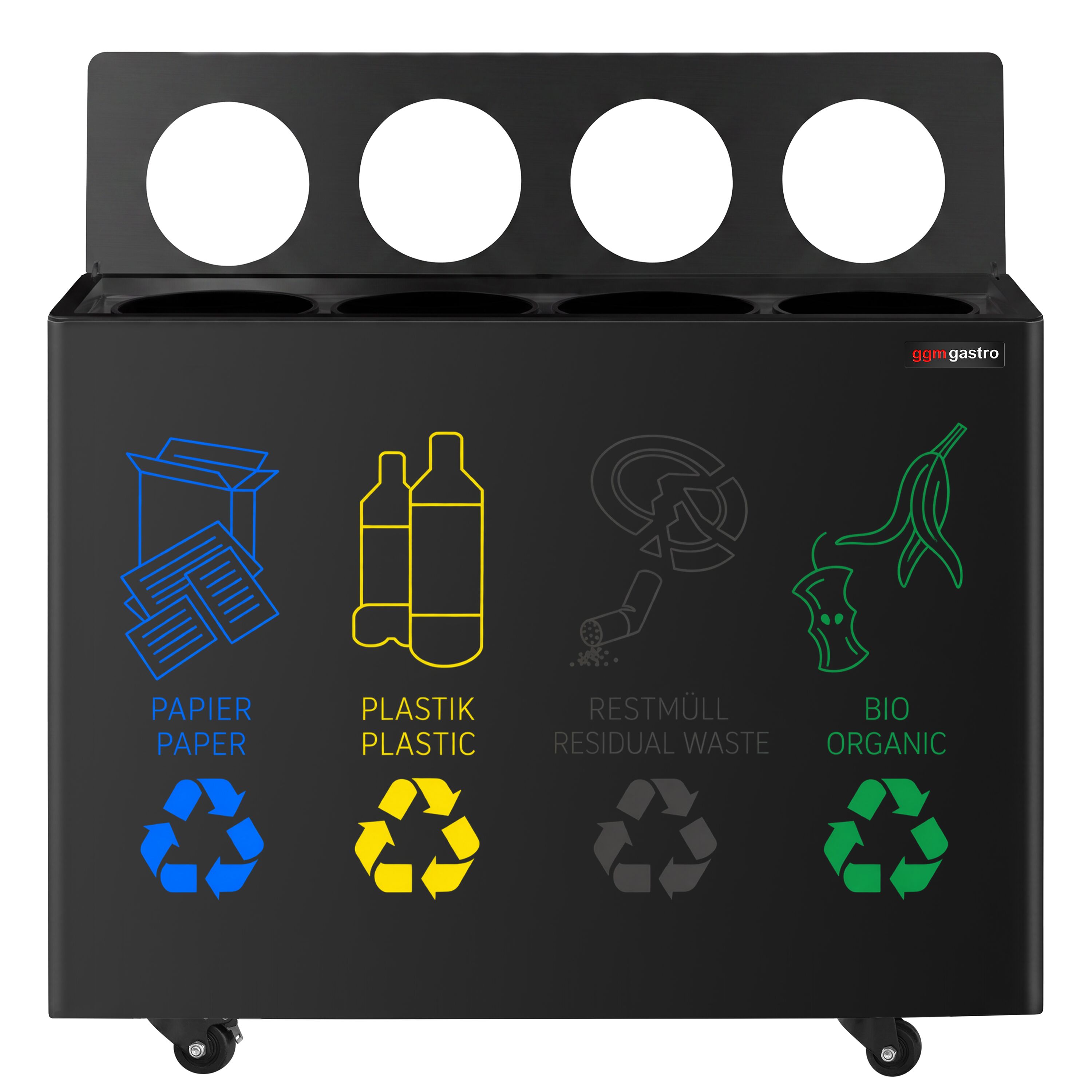 Waste sorting system – 4 bins, 30 litres each – Black – with 4 castors