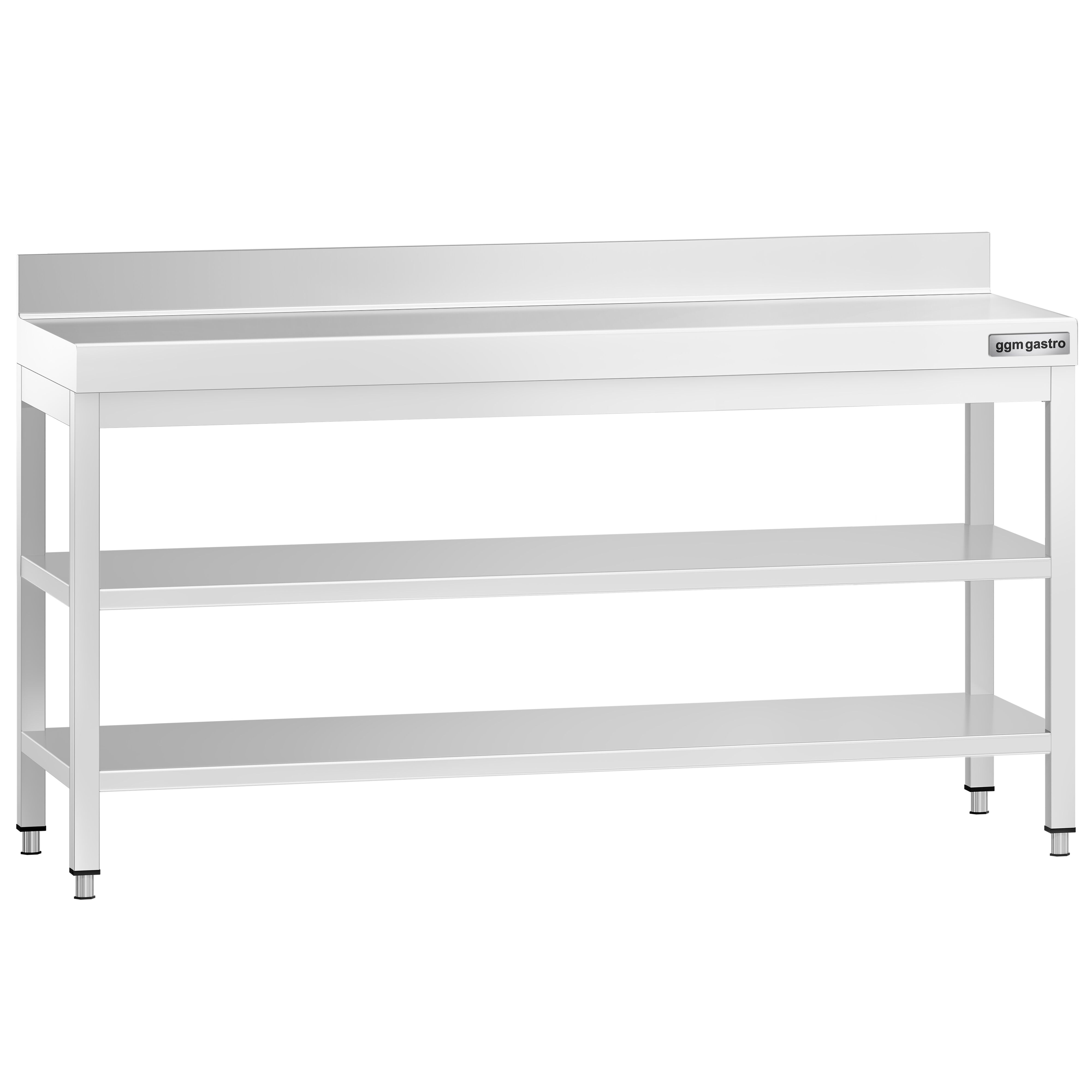Table de travail inox PREMIUM - 2000 x 600 mm - avec tablette inférieure, Dosseret & Tablette intermédiaire