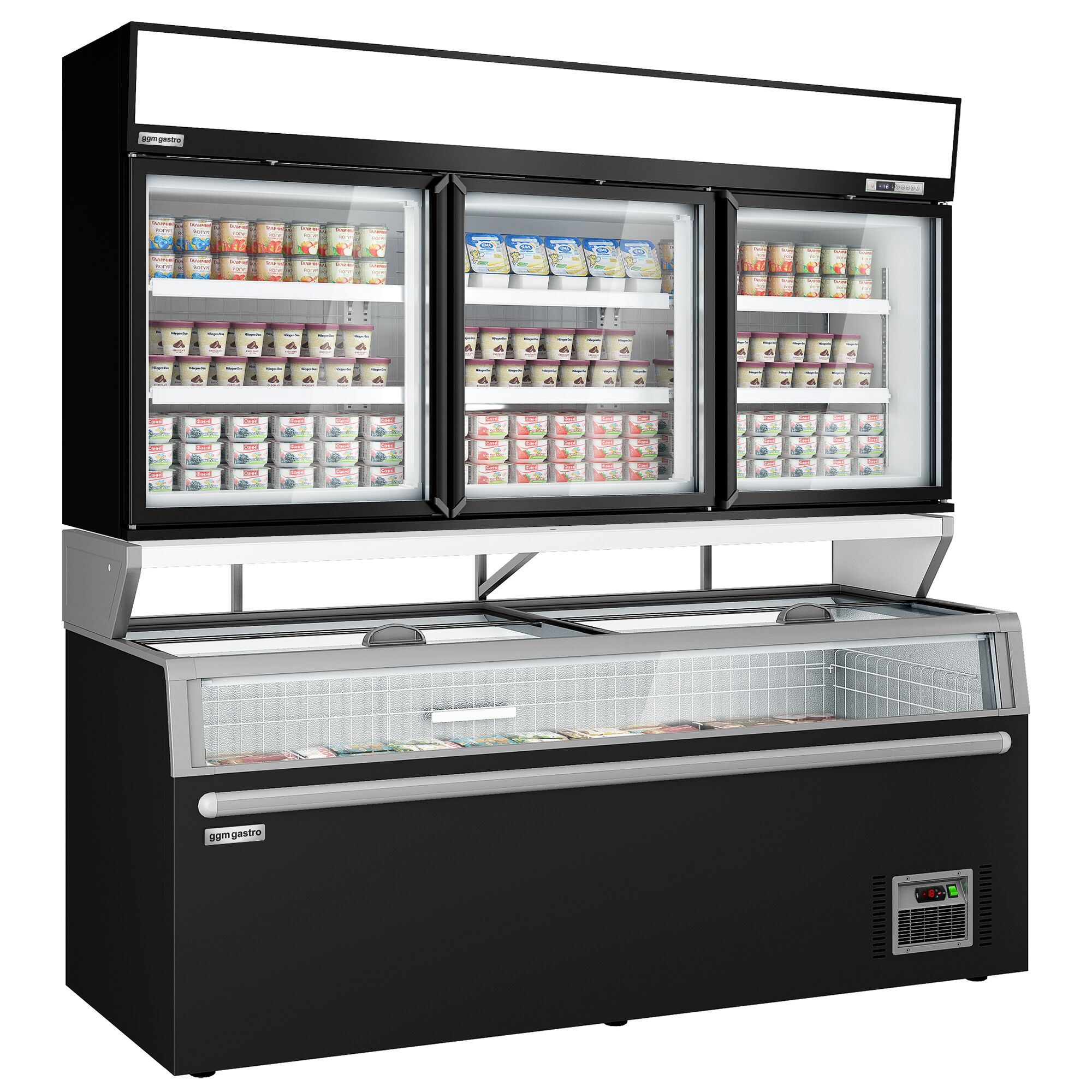 Vitrine murale de congélation pour supermarché - 3 portes - avec îlot de congélation inclus - Noir
