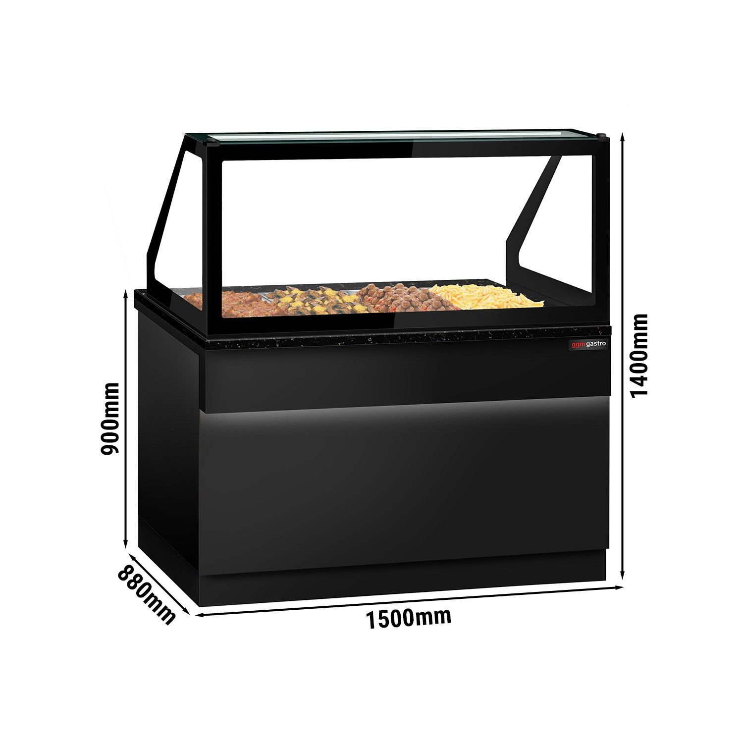Vitrine chauffante TORONTO – 1500 mm – façade noire – pour 4 × GN 1/1 – plan de travail en granit noir
