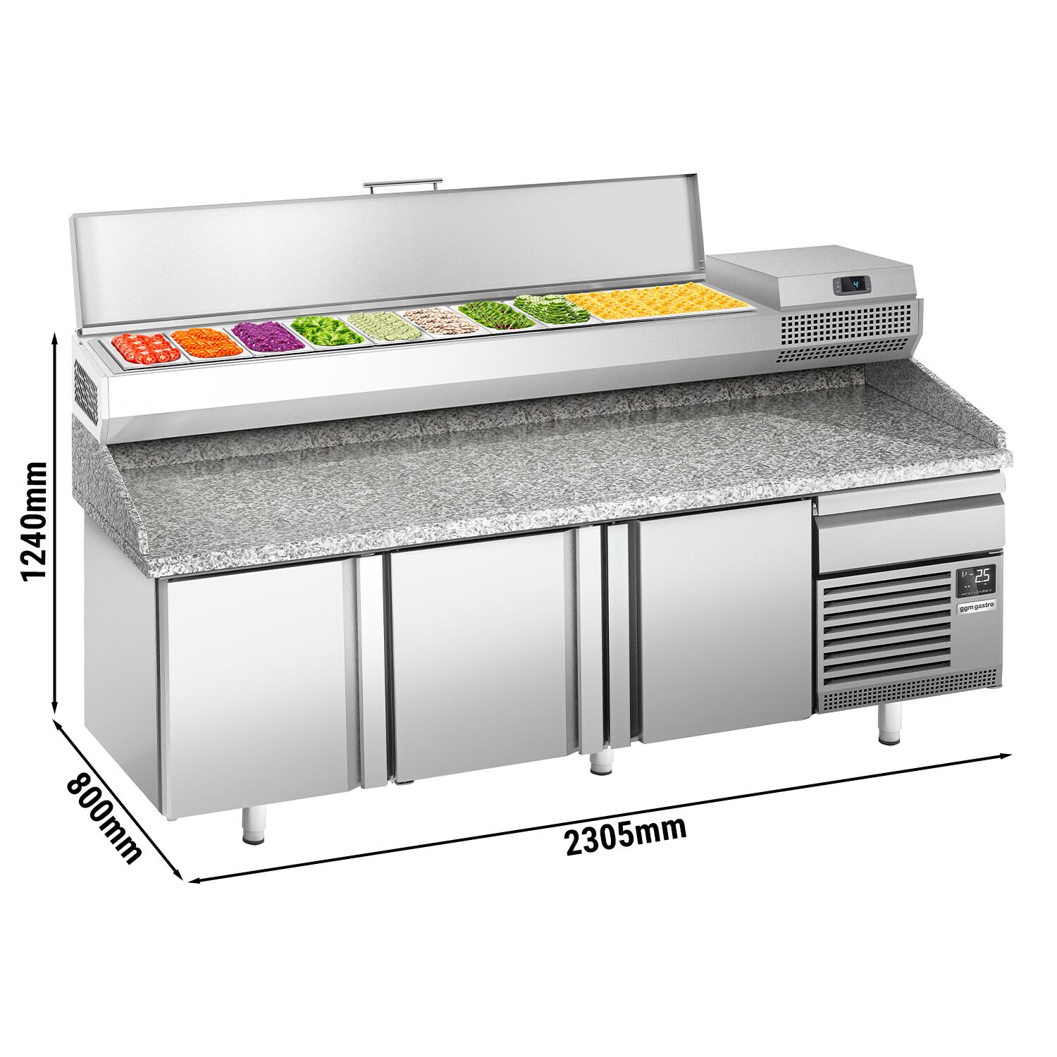 Table réfrigérée à pizza Premium PLUS - 2305 x 800 mm - avec 3 portes & 1 tiroir - incl. vitrine réfrigérée de présentation - 10x GN 1/3