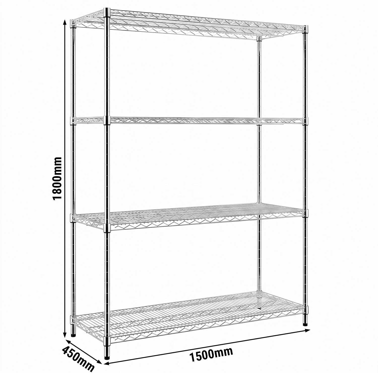 Stalen rek - 1500 x 450 mm - 4 legplanken - chroom