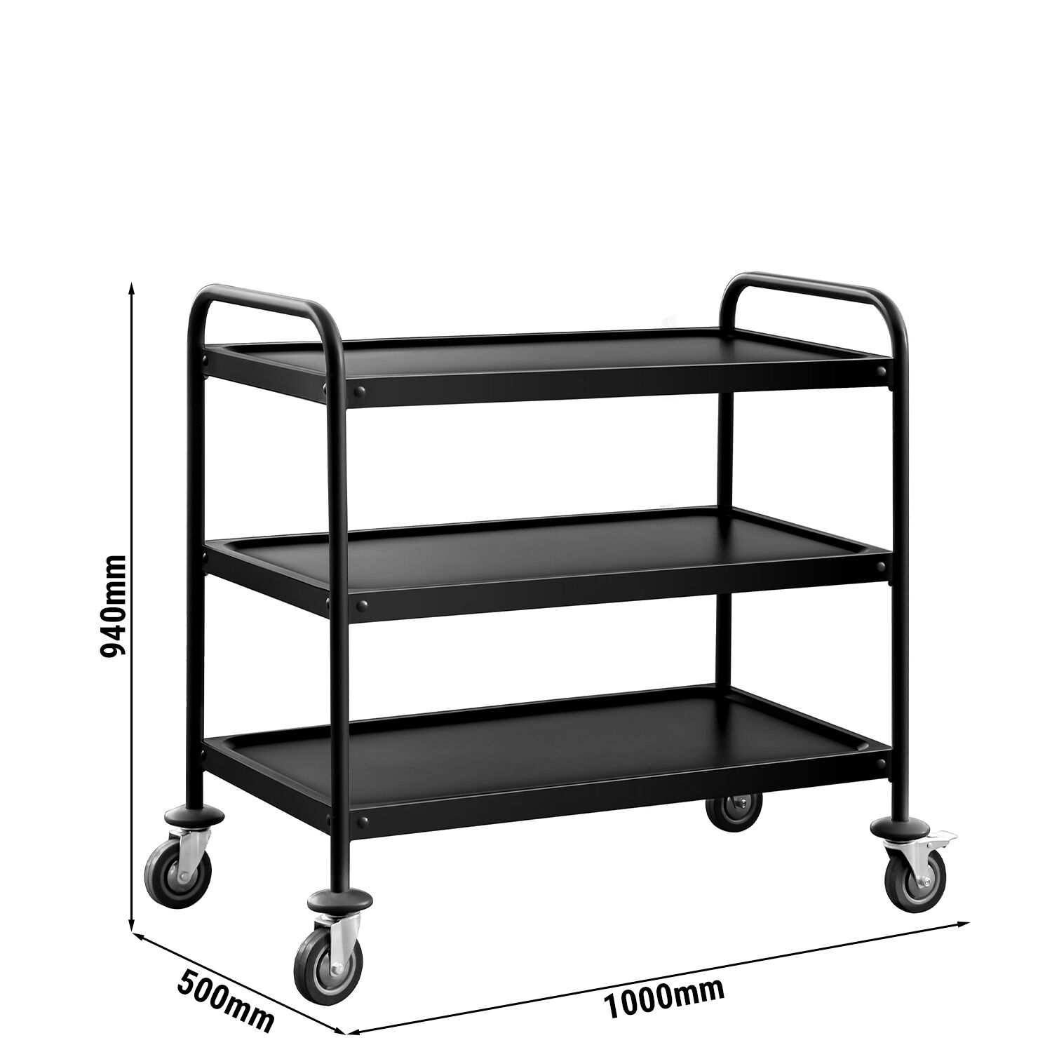 Chariot de service – 1000x500 mm – avec 3 surfaces de rangement – Noir