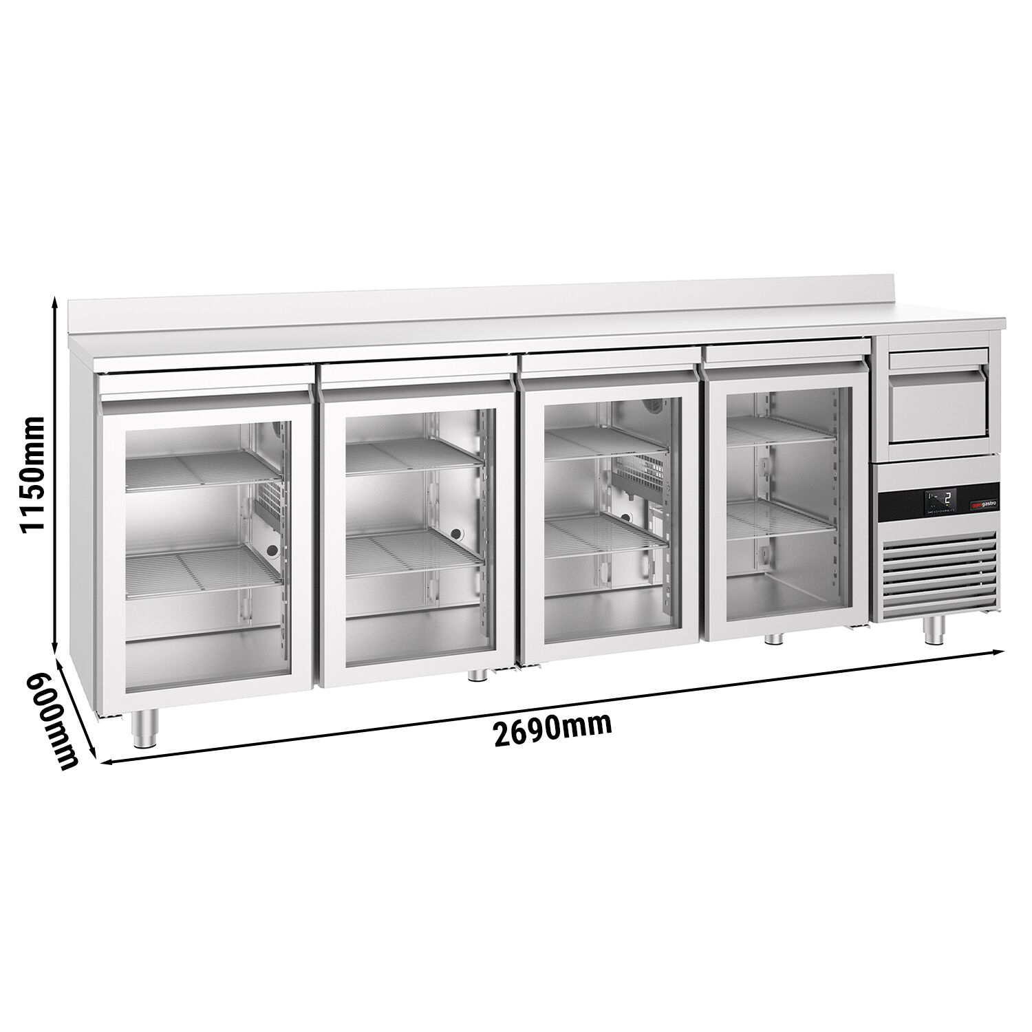 Commercial Back Bar Bottle Cooler PREMIUM - 2690x600mm - 710L - with 4 Hinged Glass Doors, upstand & knock box for coffee