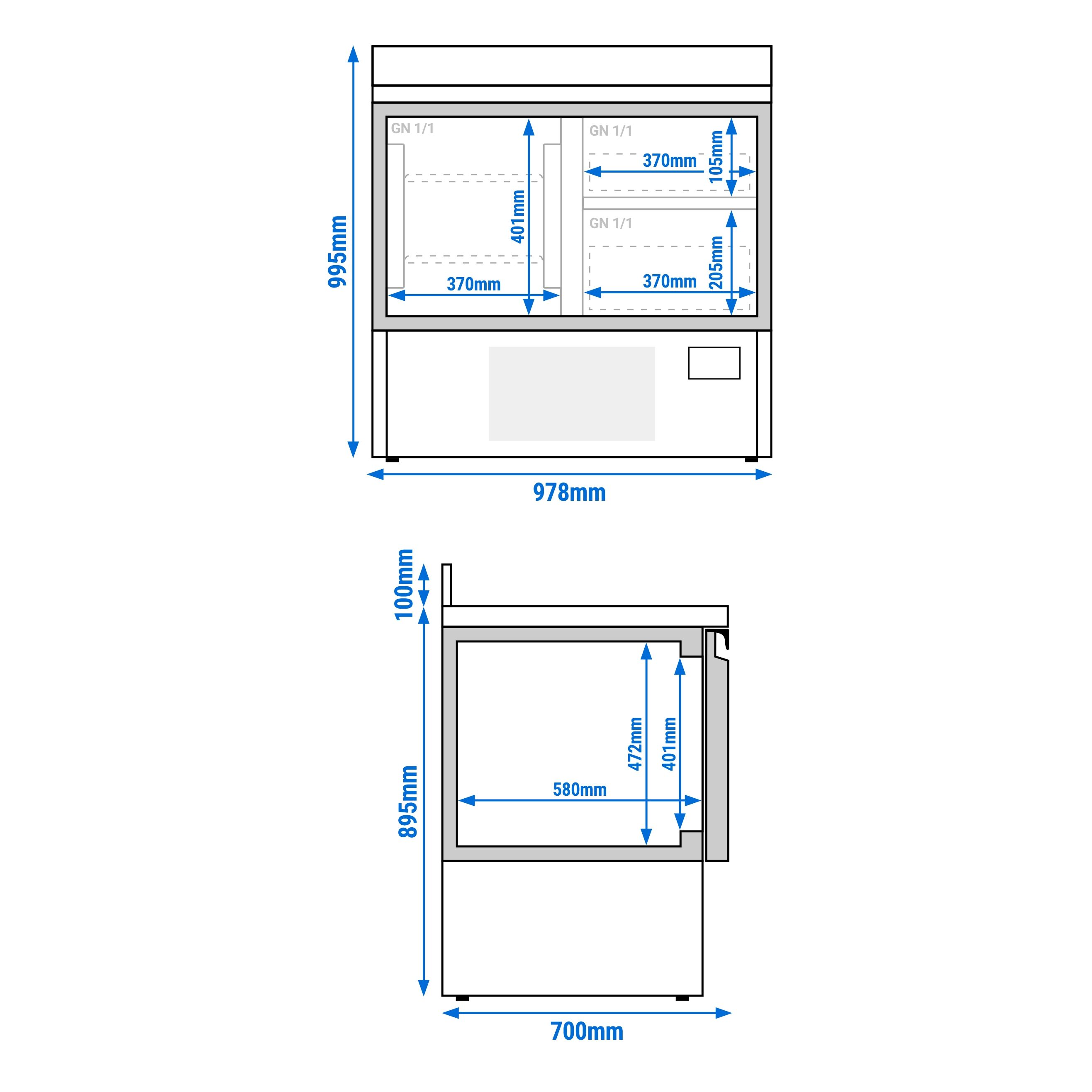 Table réfrigérée Premium PLUS - 980 x 700 mm - avec 1 porte - 2 tiroirs - avec dosseret