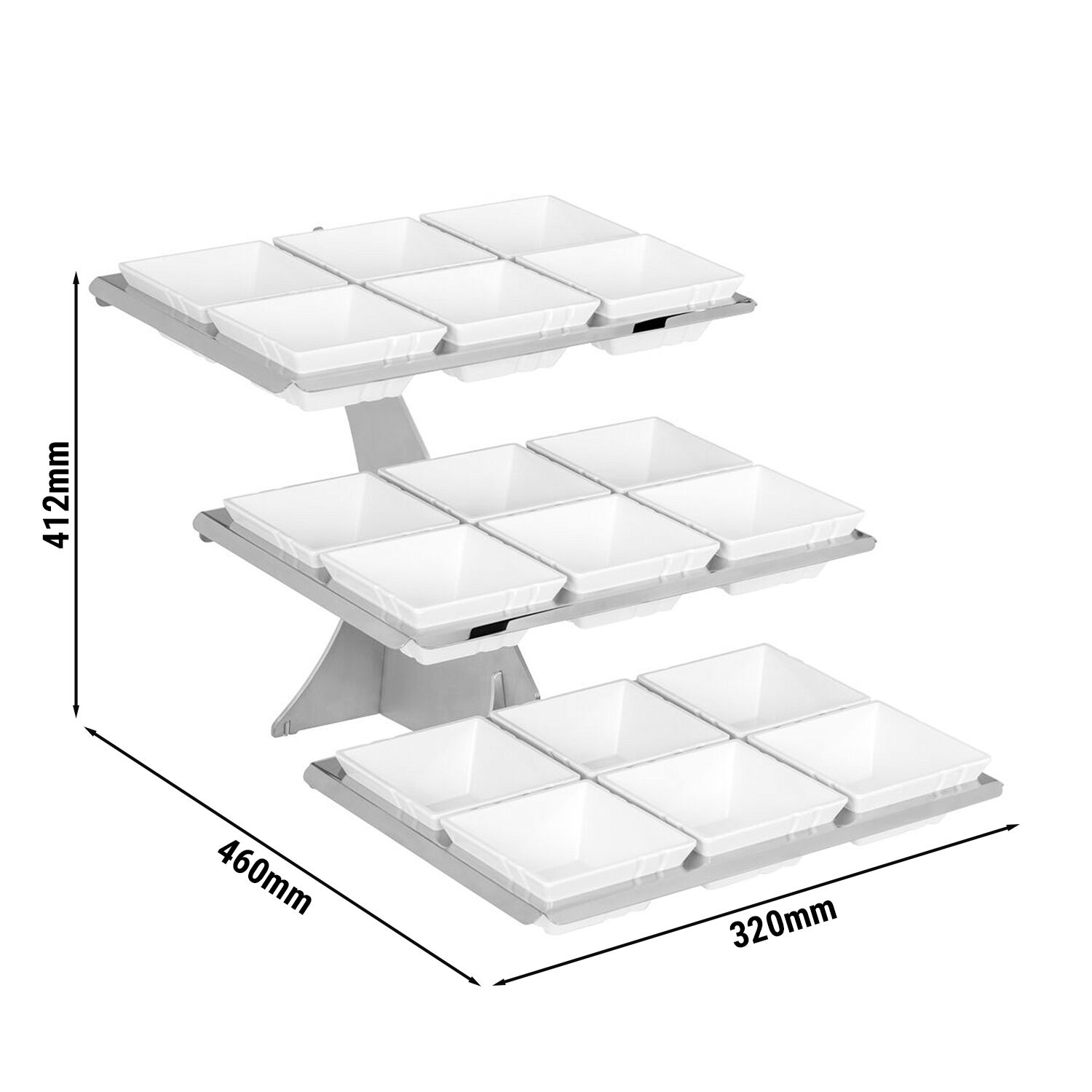 Etagere / Buffet Stand - Stainless steel frame - Chrome - square - Height: 412mm - incl. 18 Melamine bowls 140x140mm - with 3 shelves