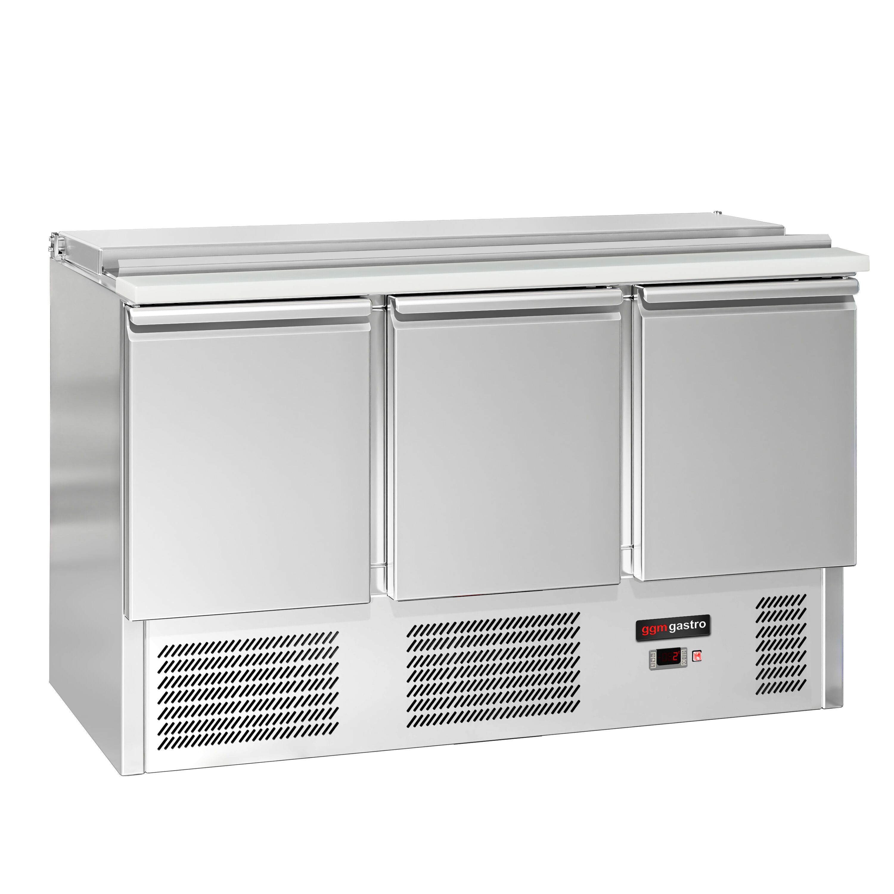 Saladette réfrigérée ECO - 1368mm - 368L - façade noire - 3 portes - avec découpe pour 4x GN 1/1 & Couvercle inox