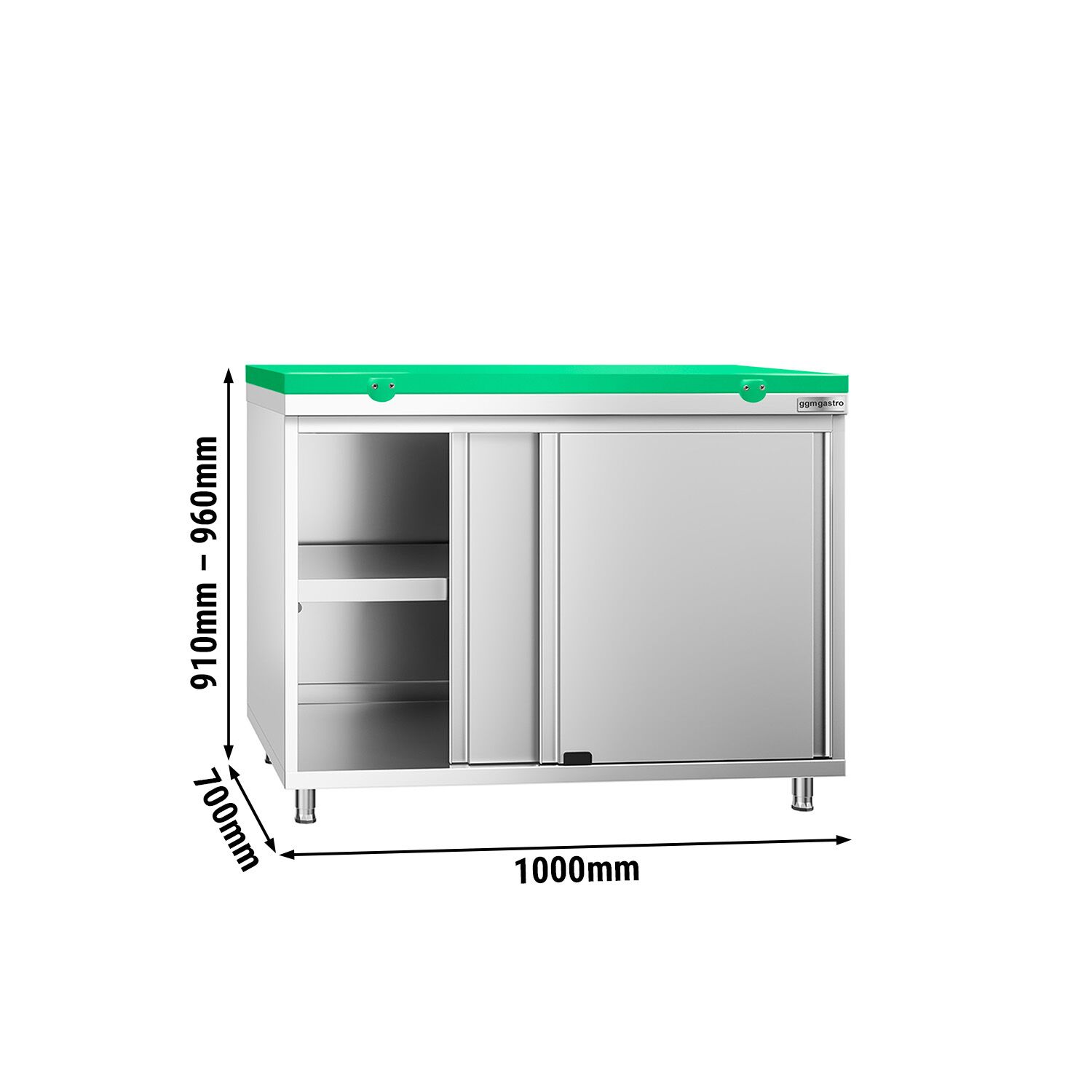 Table armoire en acier inoxydable PREMIUM - 1000x700mm - avec portes coulissantes - pour fruits et légumes - incl. plateau de découpe Vert PEHD (HACCP)