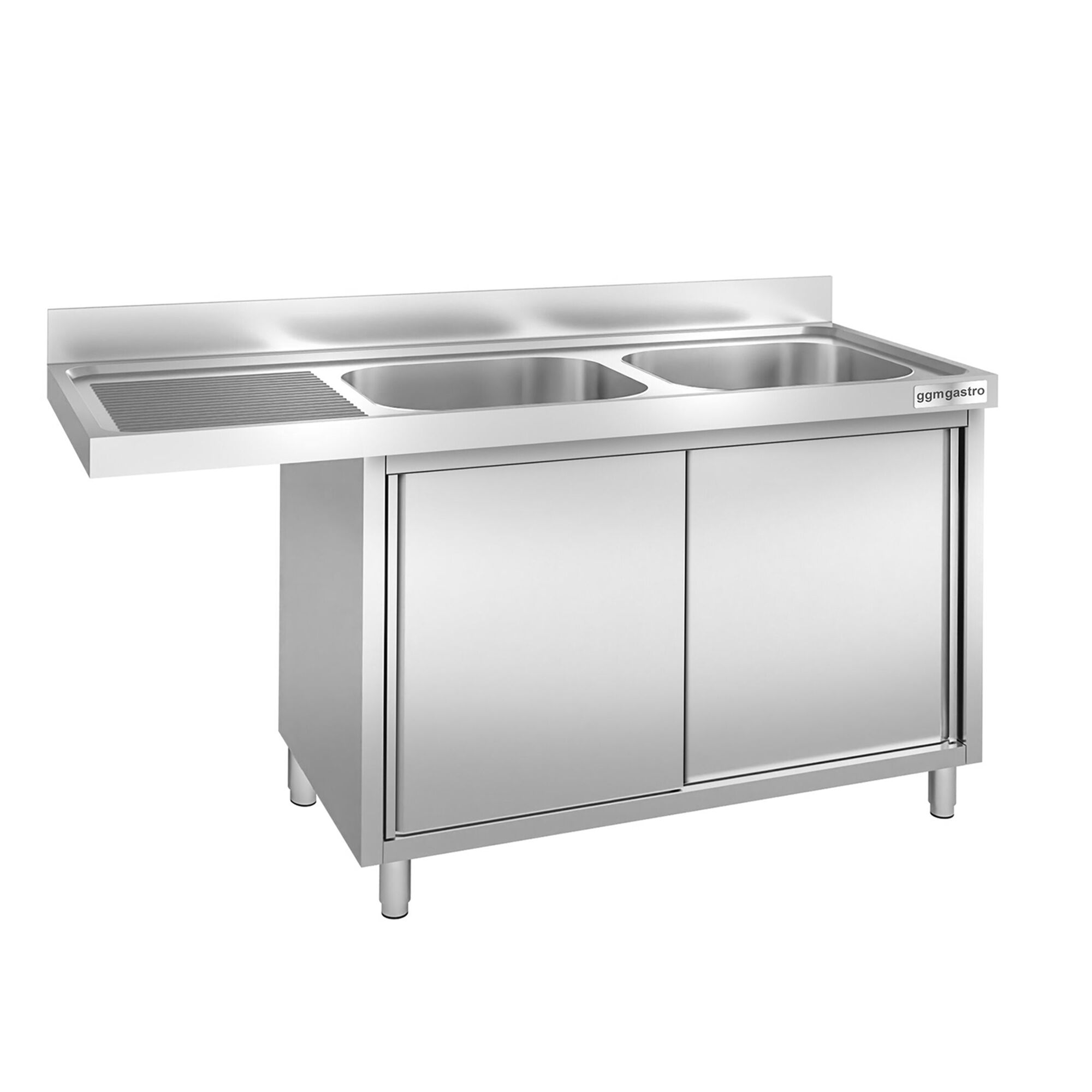 Plonge inox professionnelle PREMIUM - 1800x700mm - 2 bac(s) à droite - avec égouttoir à gauche - passage lave-vaisselle à droite
