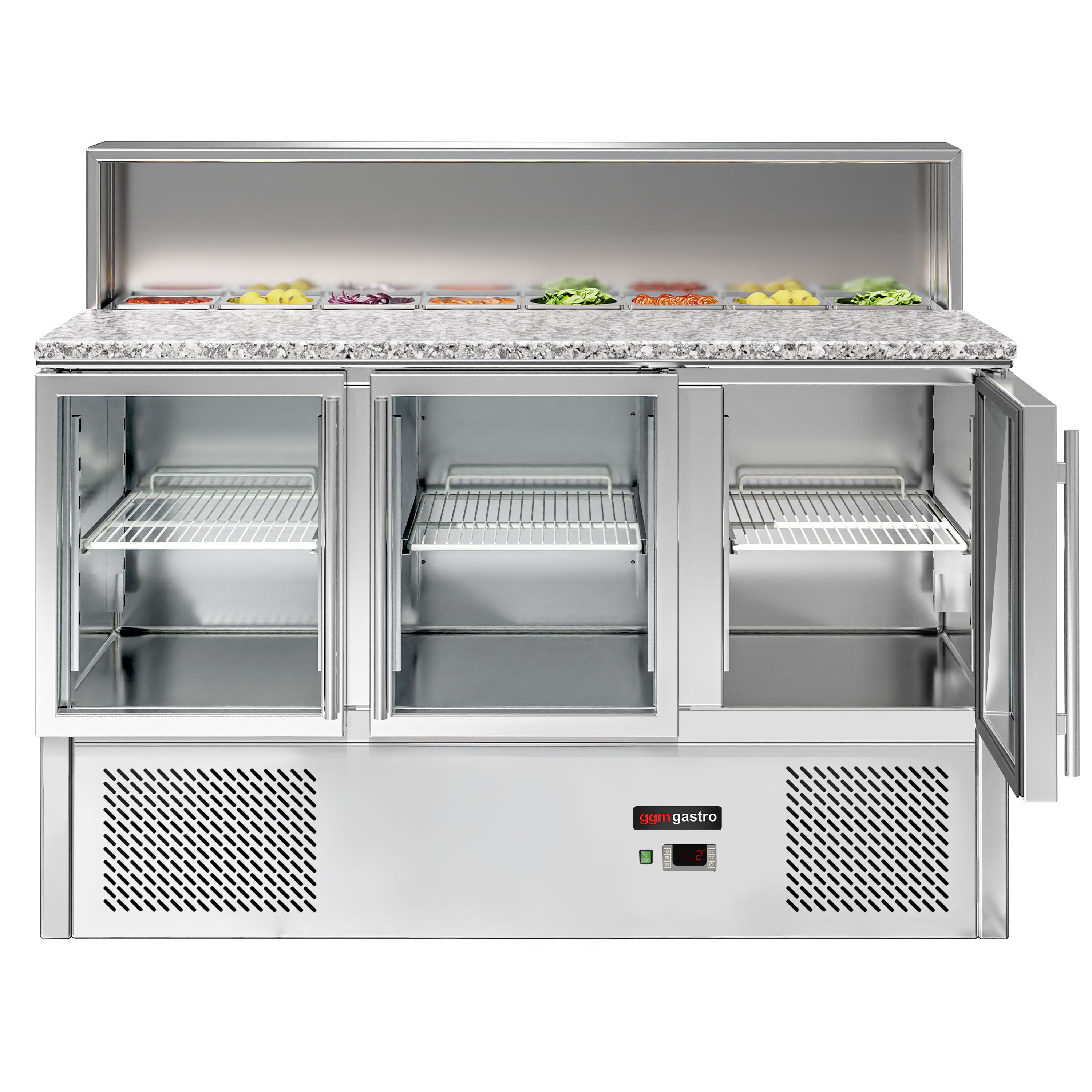 Saladette réfrigérée ECO - 1368mm - 402L - 3 portes vitrées - avec découpe pour 7x GN 1/6 & Couvercle inox - plan de travail en granit noir