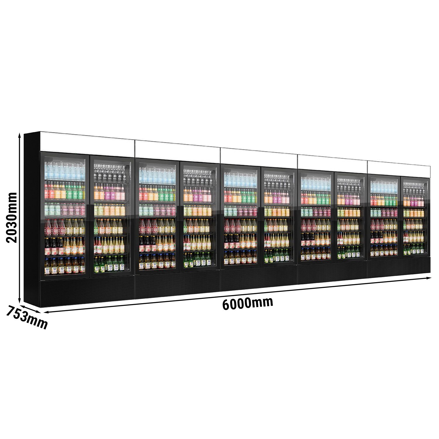 (5 pièces) Vitrine réfrigérée à boissons - 6000 litres - design sans cadre - avec 10 portes vitrées et écran publicitaire