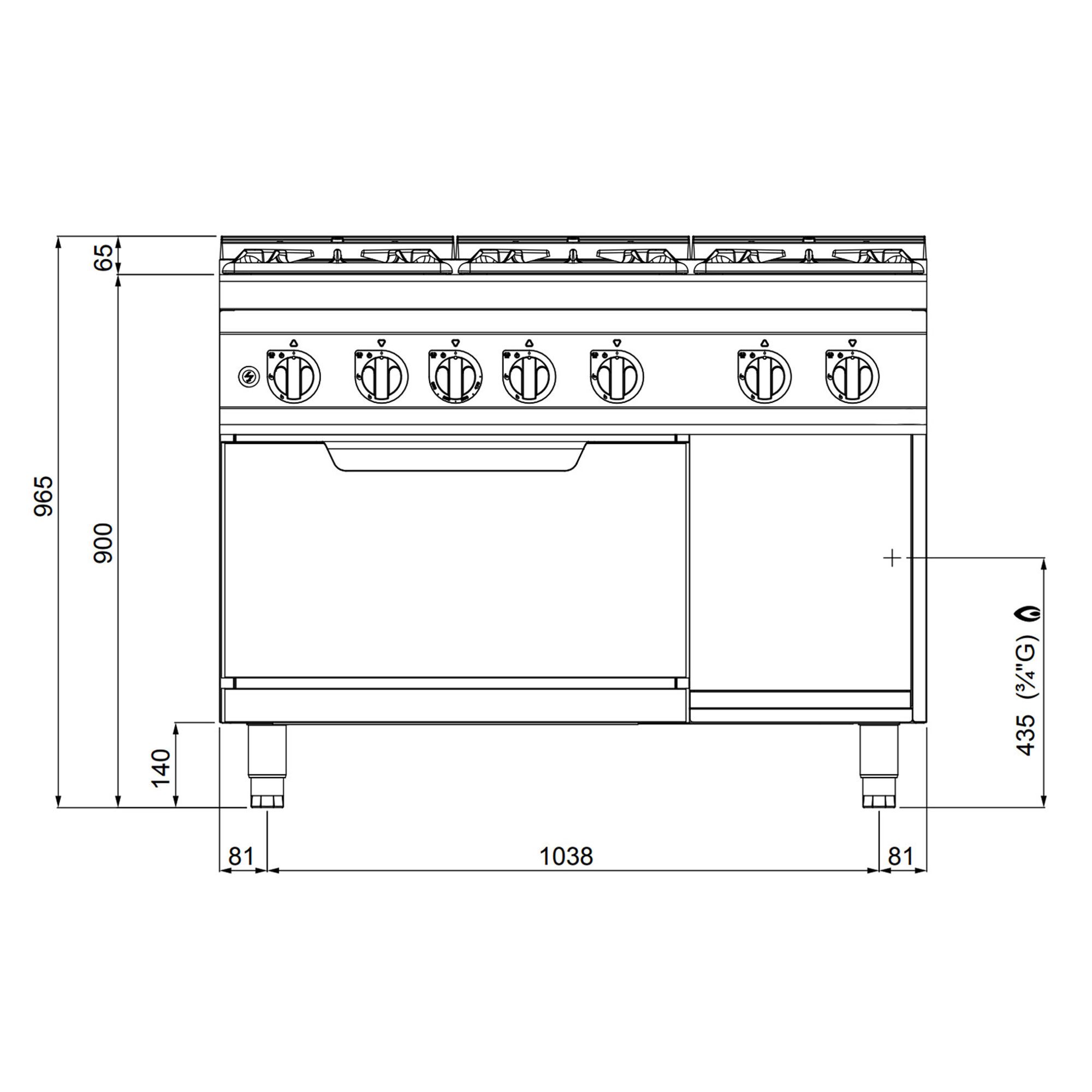 Fourneau à gaz – 53,5 kW – 6 brûleurs – avec four à gaz statique – 7,8 kW