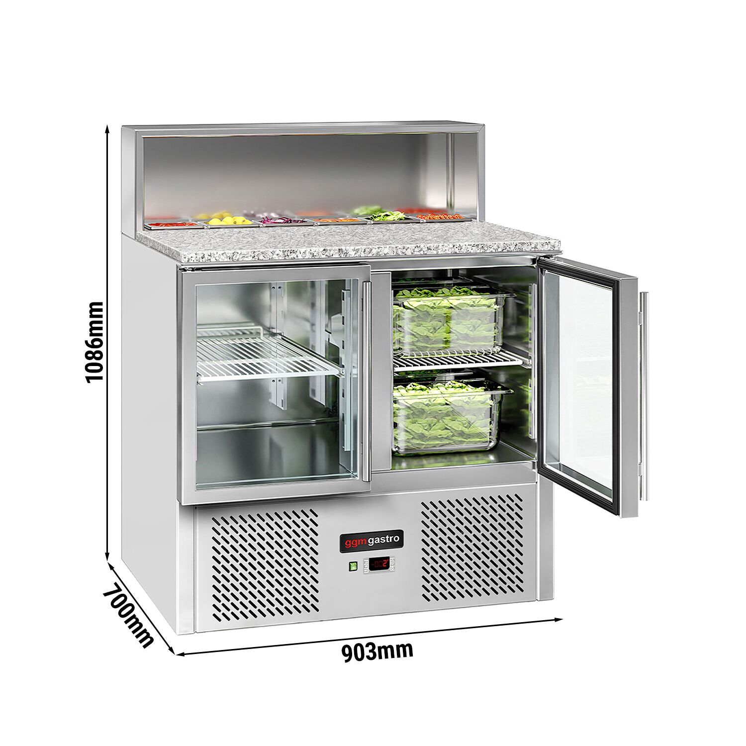 Saladette réfrigérée ECO - 903mm - 2 portes vitrées - pour 5x GN 1/6 & Couvercle inox - plan de travail en granit noir - 240L