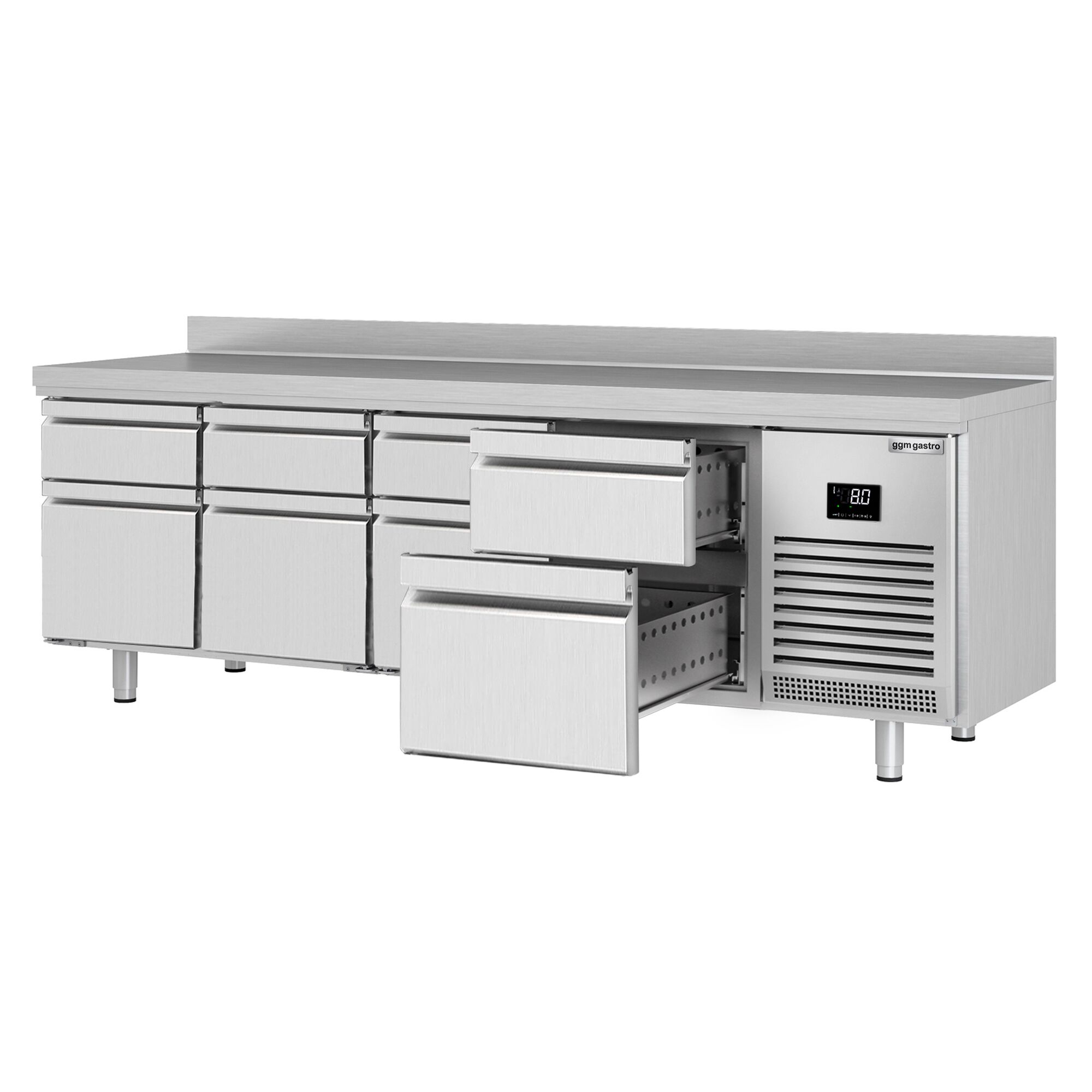 Table réfrigérée Premium PLUS - 2452x600 mm - 8 tiroirs - avec dosseret
