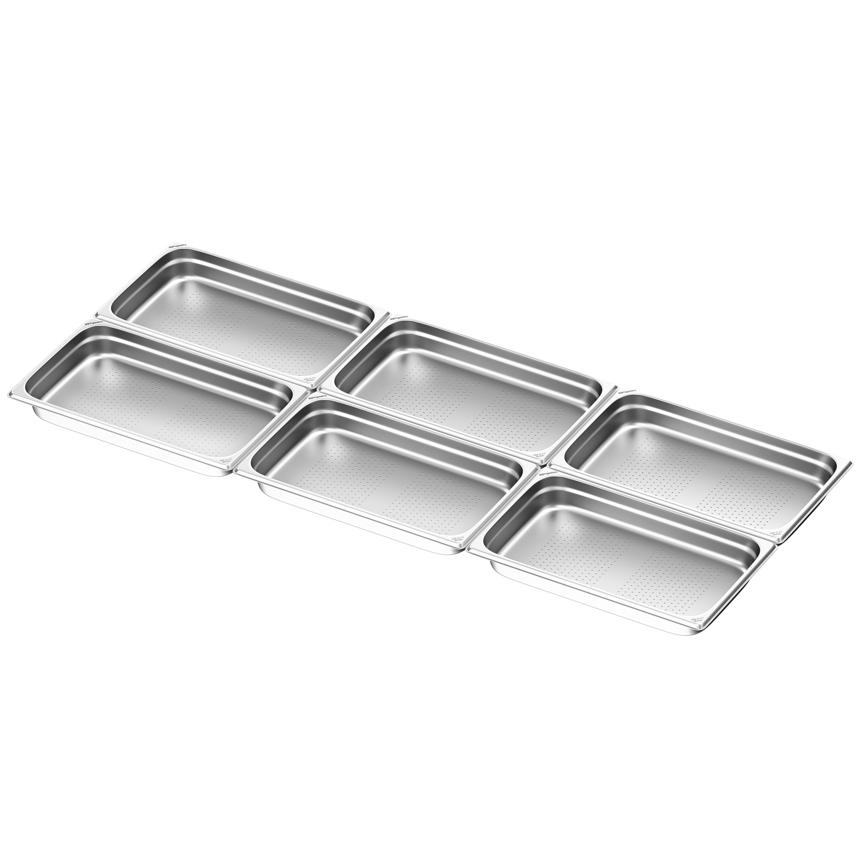 (6 pcs) Acier inoxydable Bac GN GN 1/1 - perforé - Profondeur: 65mm