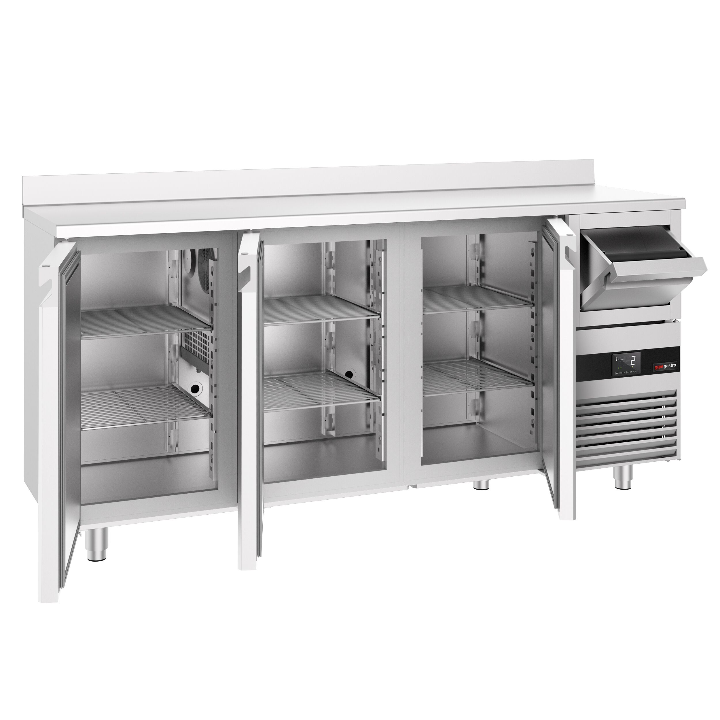 Commercial Back Bar Bottle Cooler PREMIUM - 2140x600x1150mm - with 3 Hinged Glass Doors, upstand & knock box for coffee - 632L