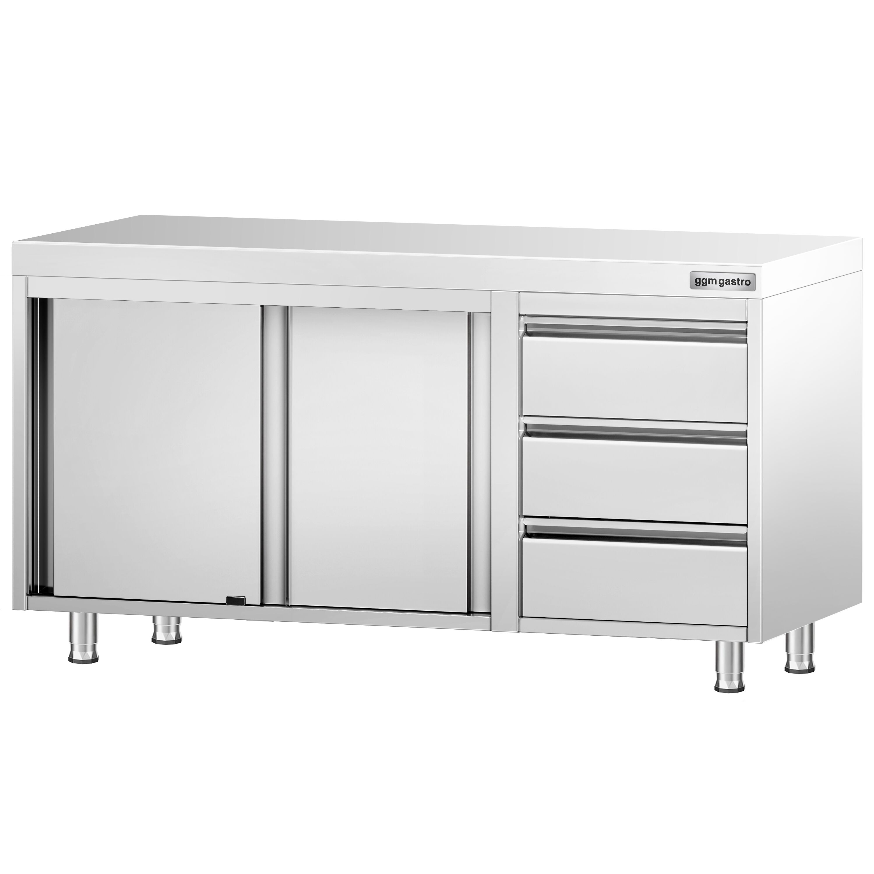 Table armoire en acier inoxydable PREMIUM - 1400x700mm - avec 3 tiroirs à droite et portes coulissantes