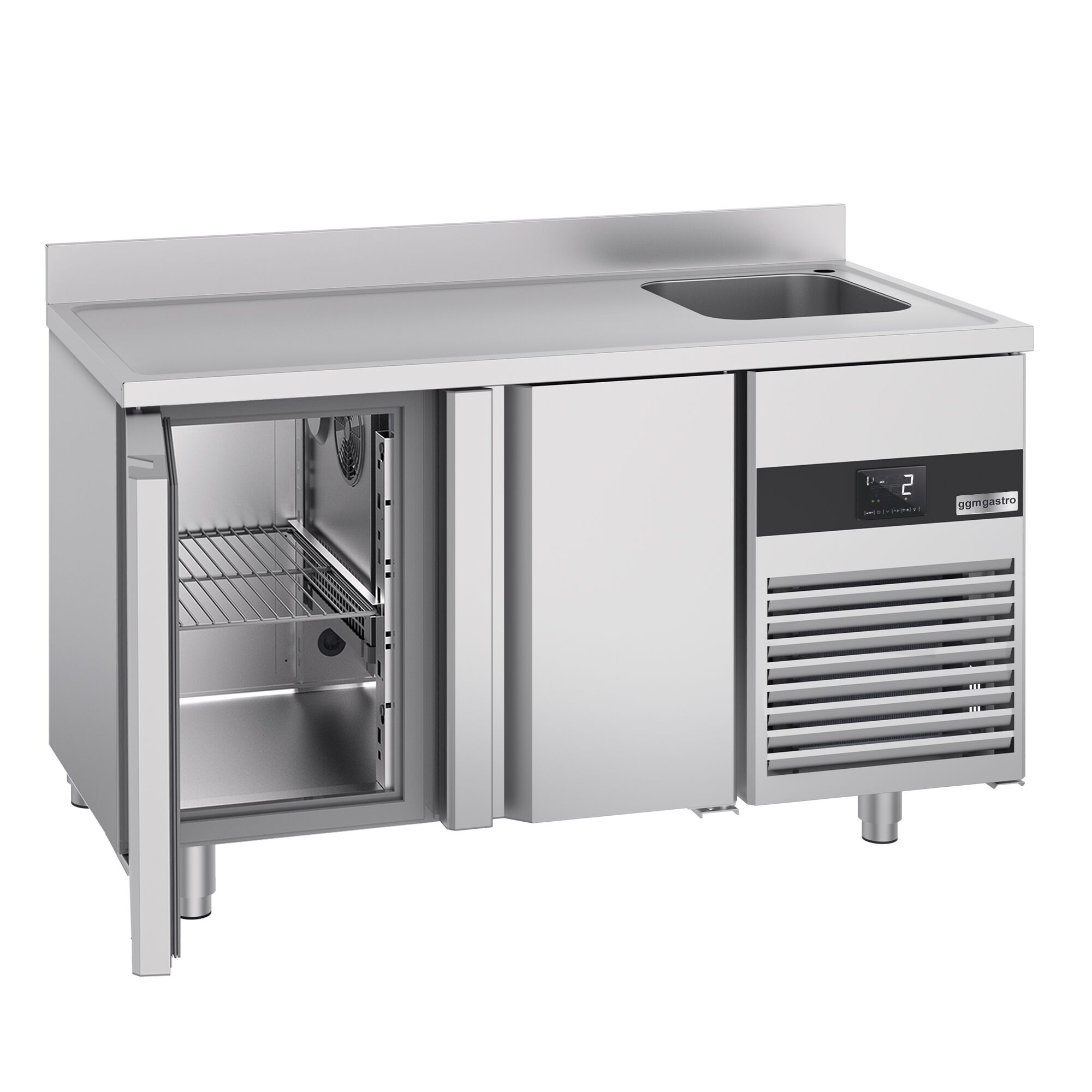 Commercial Counter Fridge PREMIUM - 1430x700mm - with 2 doors - sink right - with upstand - capacity 270 litres