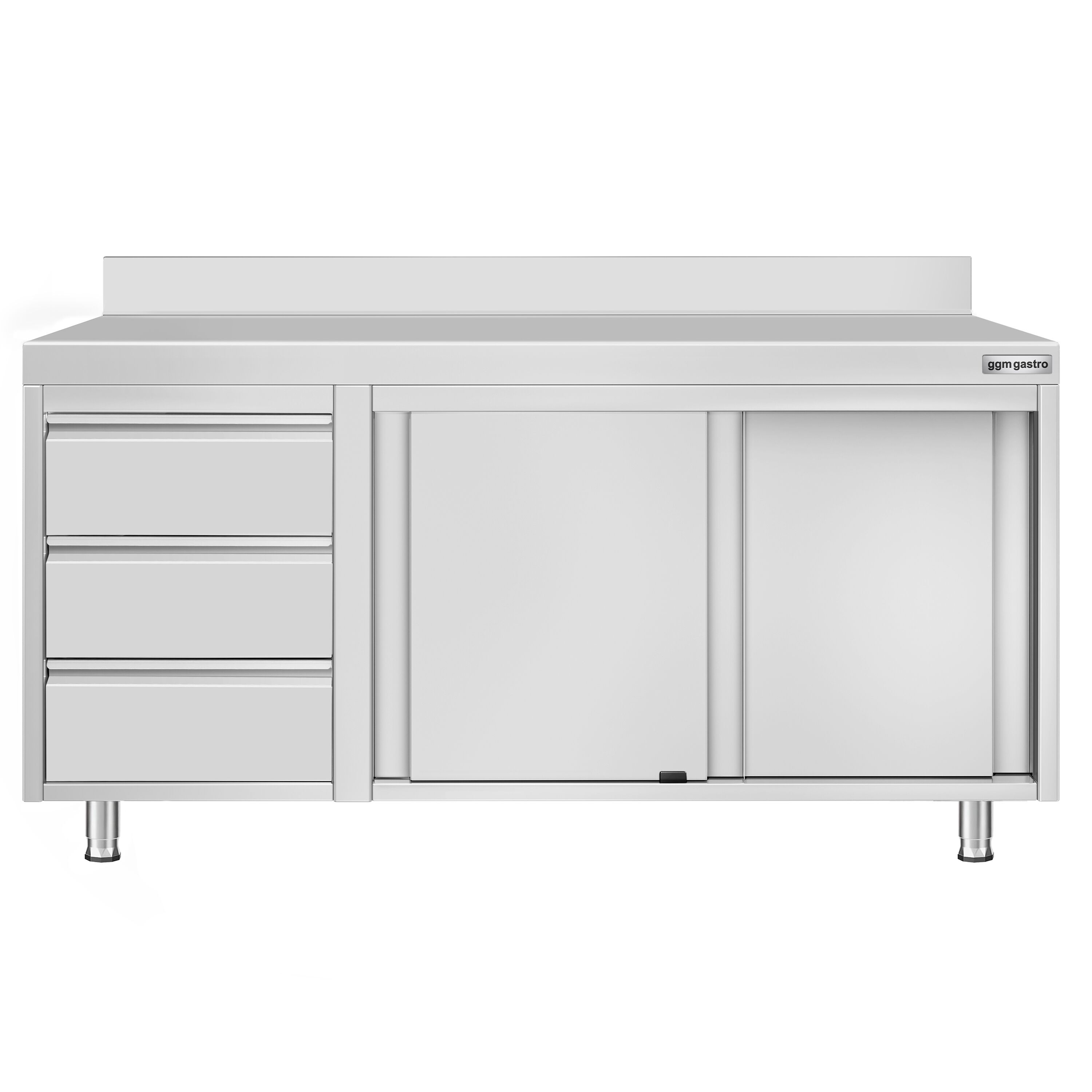 Table armoire en acier inoxydable ECO - 1600x600mm - avec 3 tiroirs à gauche et portes coulissantes - avec dosseret