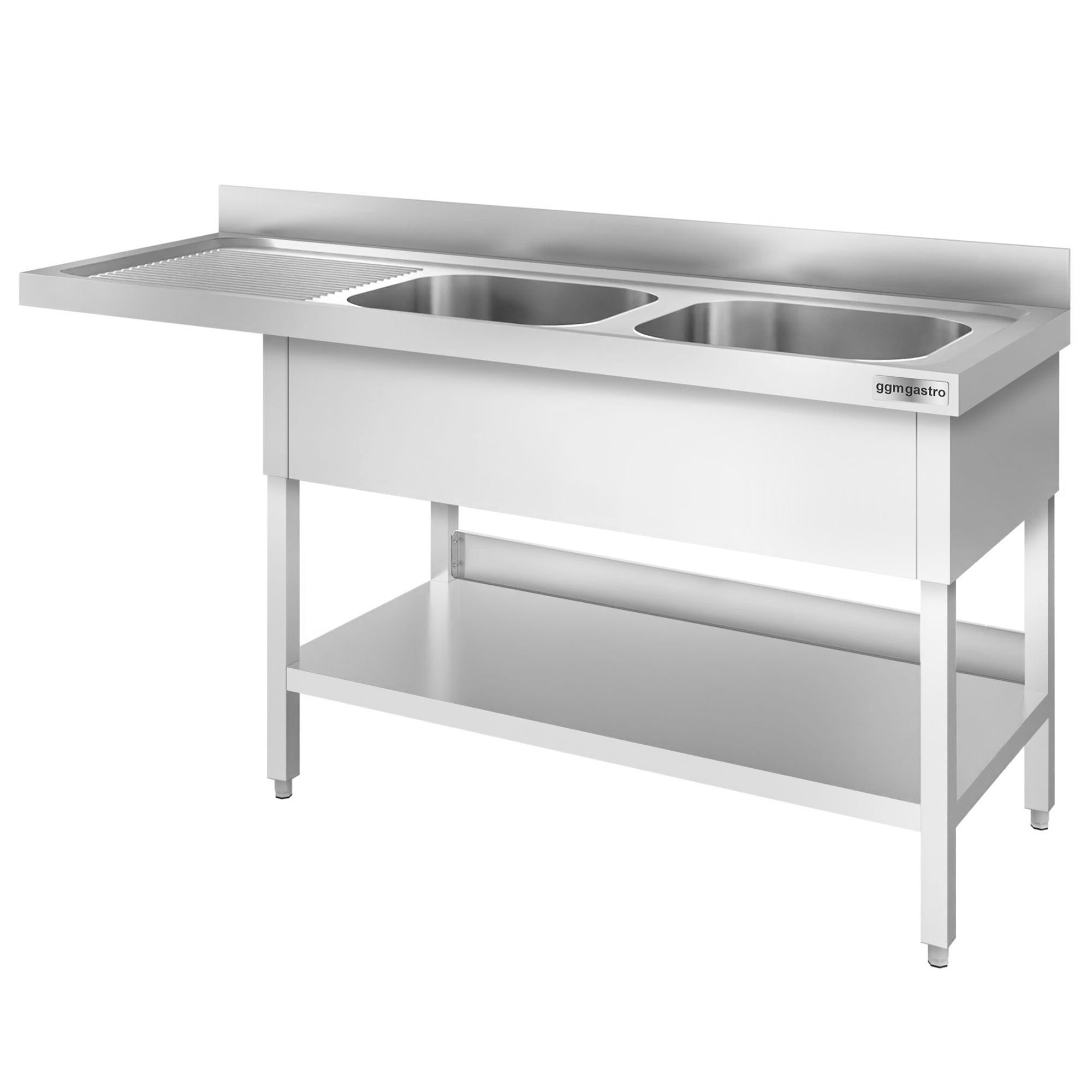 Plonge PREMIUM en acier inoxydable - 2000x700mm - 2 bacs - bac à droite - avec espace lave-vaisselle - adossée/avec dosseret