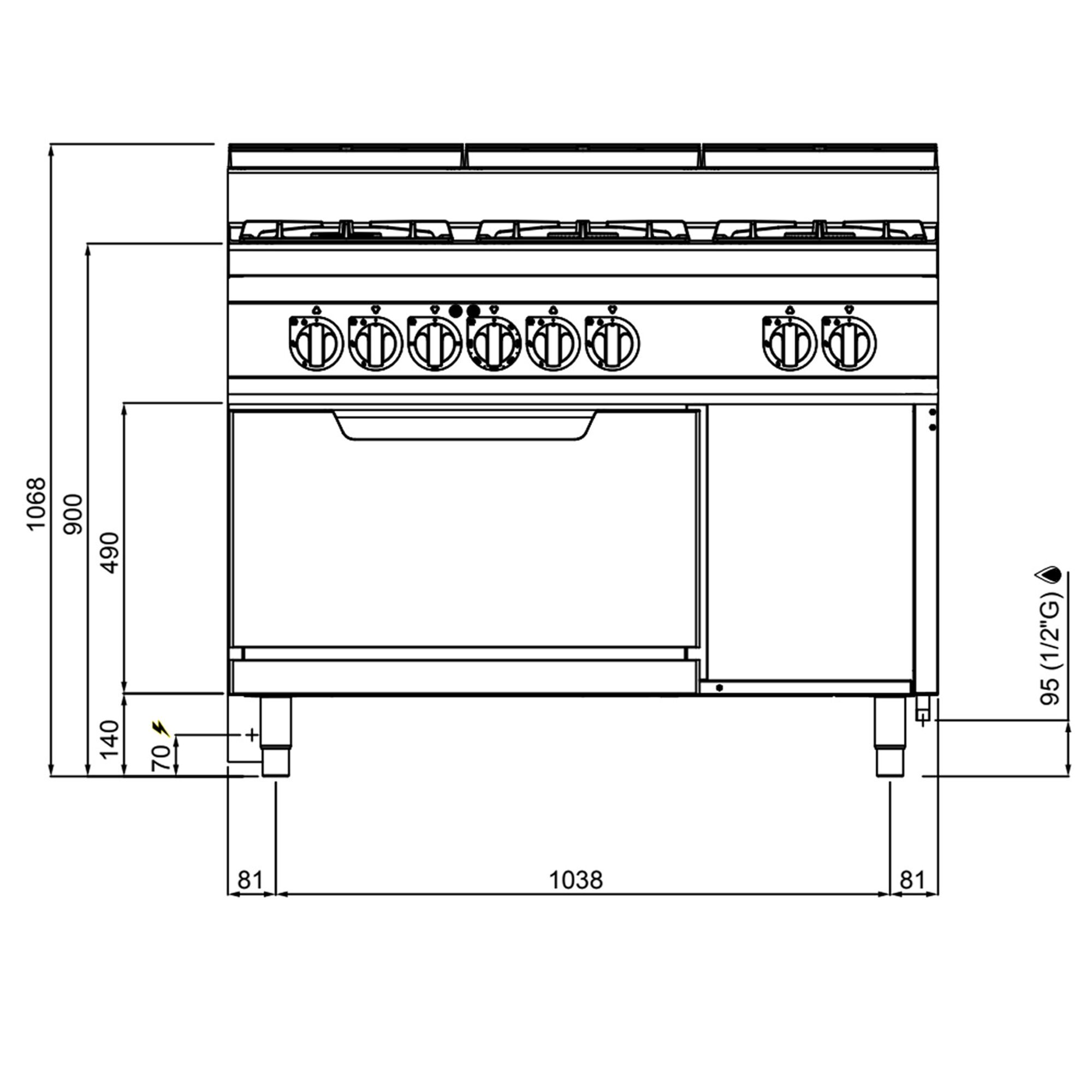 Fourneau à gaz – 33,5 kW – 6 brûleurs – avec four électrique statique – 7,5 kW