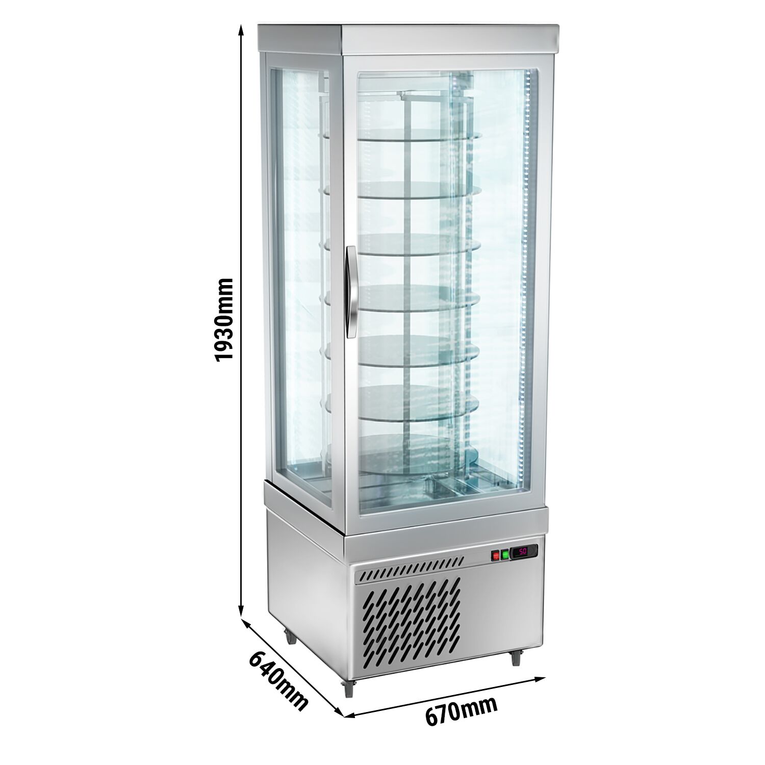 Vitrine réfrigérée 4 faces vitrées / Vitrine panoramique – 430 litres – 670 mm – 7 étagères rotatives – Argent