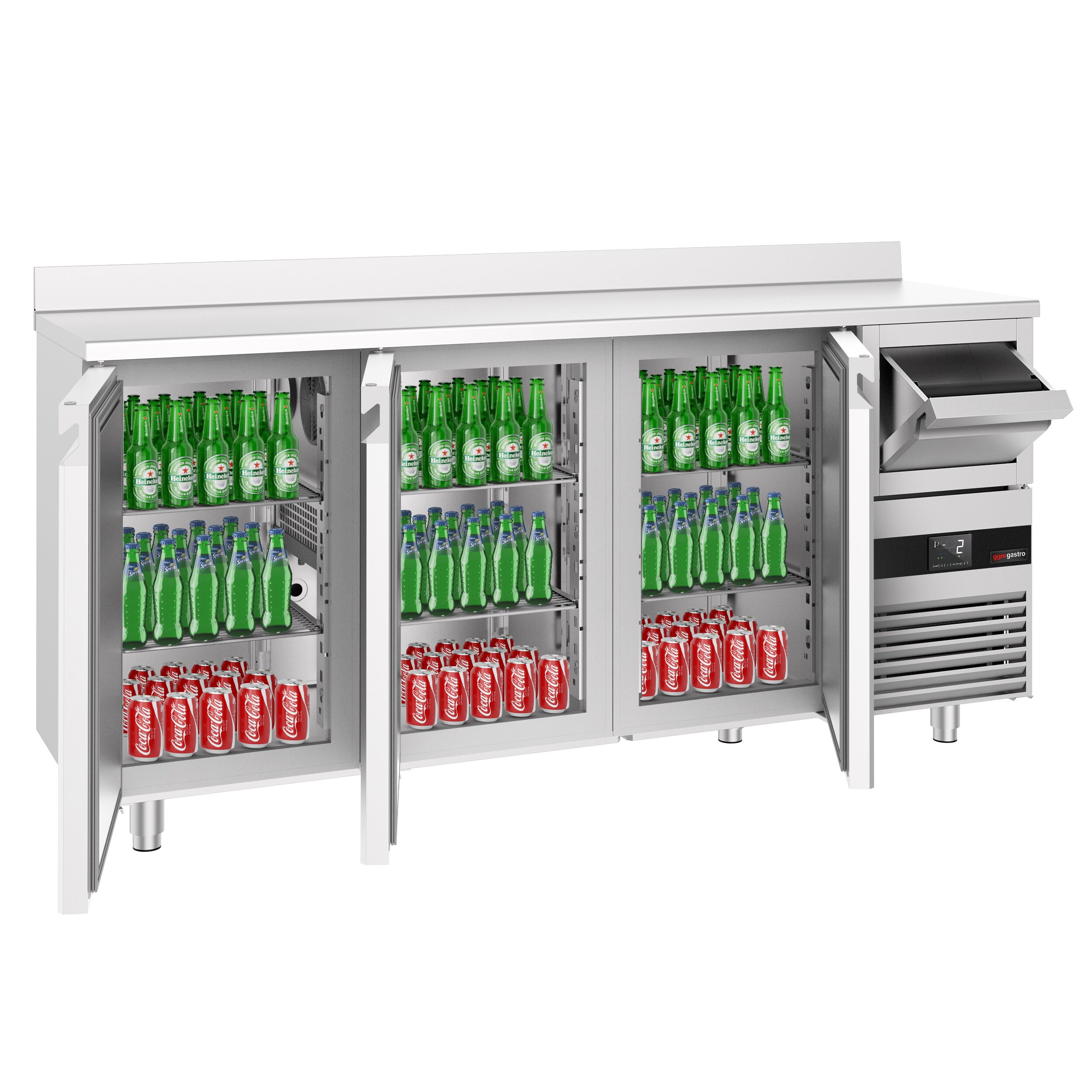 Commercial Back Bar Bottle Cooler PREMIUM - 2140x600x1150mm - with 3 Hinged Glass Doors, upstand & knock box for coffee - 632L