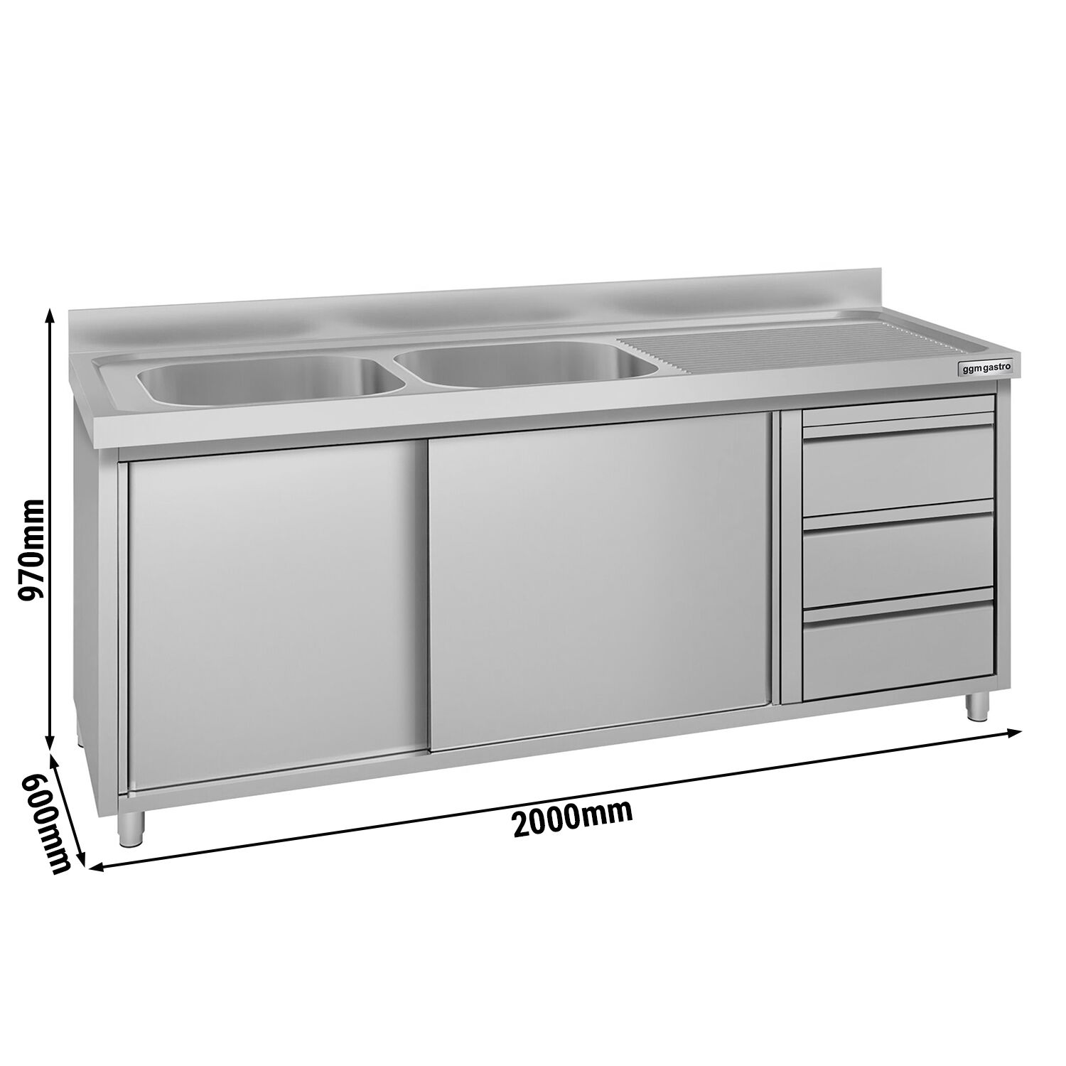 Meuble évier ECO - 2000 x 600 mm - avec 3 tiroirs & 2 bacs à gauche