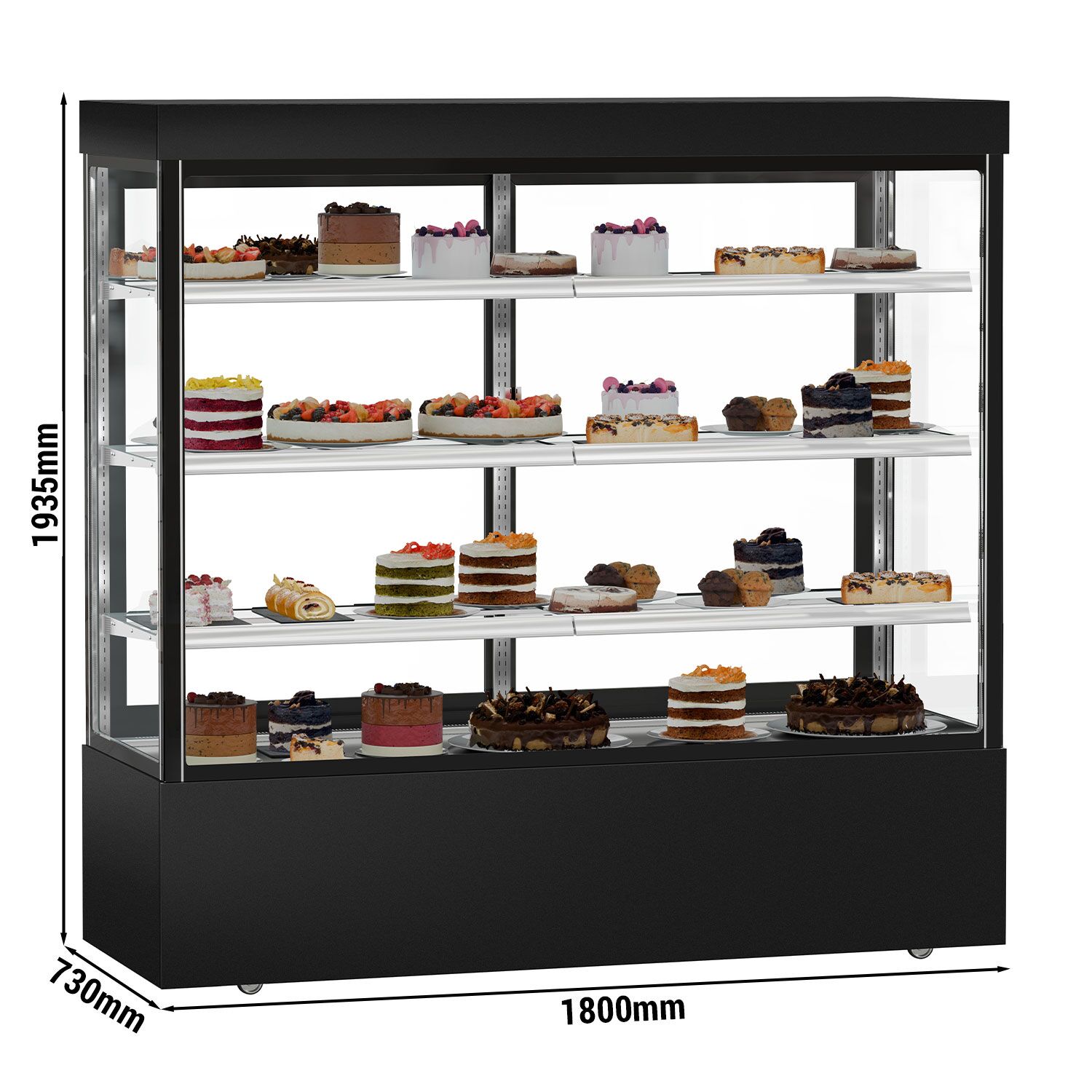 Vitrine à pâtisserie réfrigérée MADRID - 1200L - 1800mm - Double vitrage - avec 3 étagères en verre - portes coulissantes vitrées arrière - Noir mat