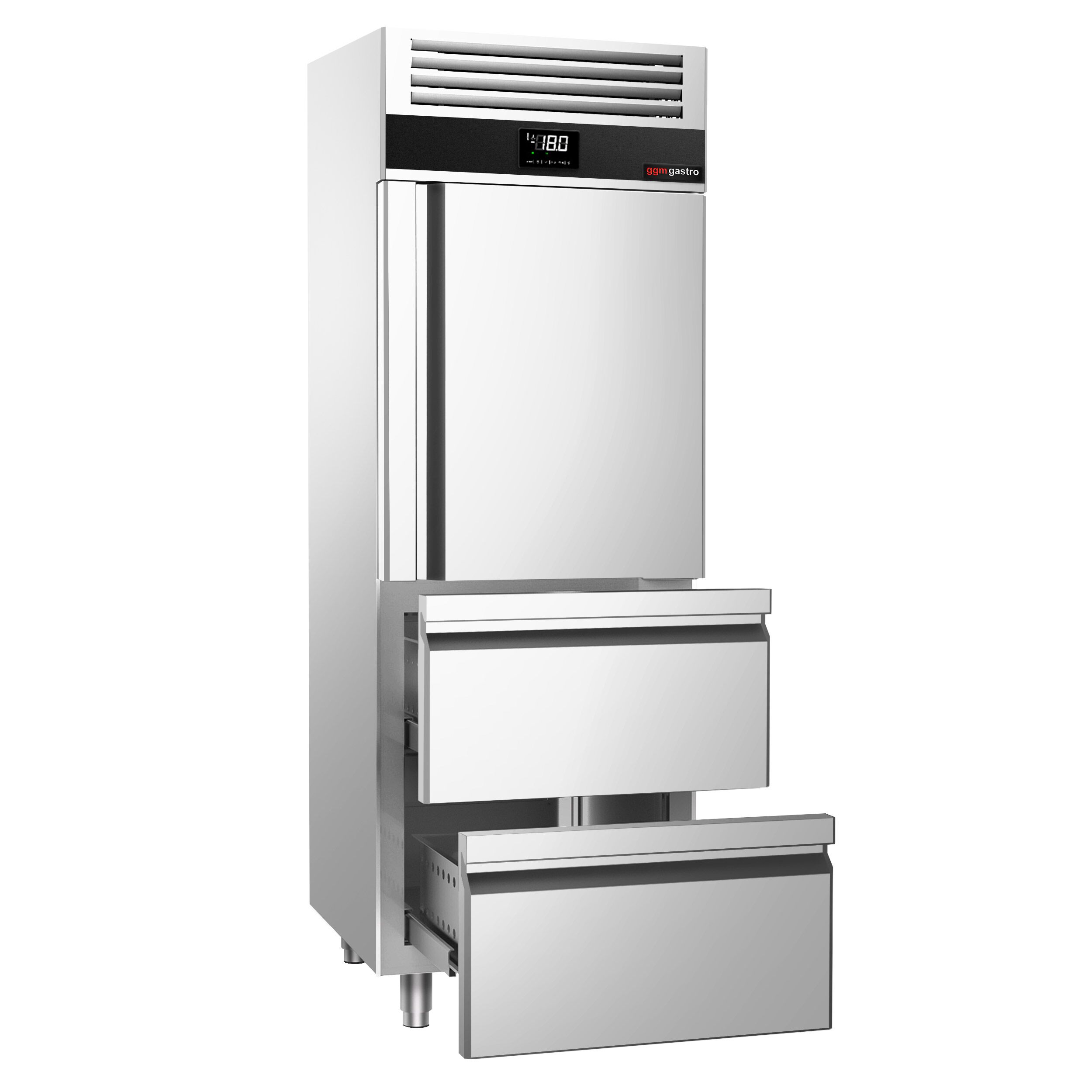 Armoire réfrigérée vitrée négative en acier inoxydable PREMIUM - GN 2/1 - 700 L - avec 1 porte vitrée & 2 tiroirs & 2 grilles GN 2/1 & Glissières