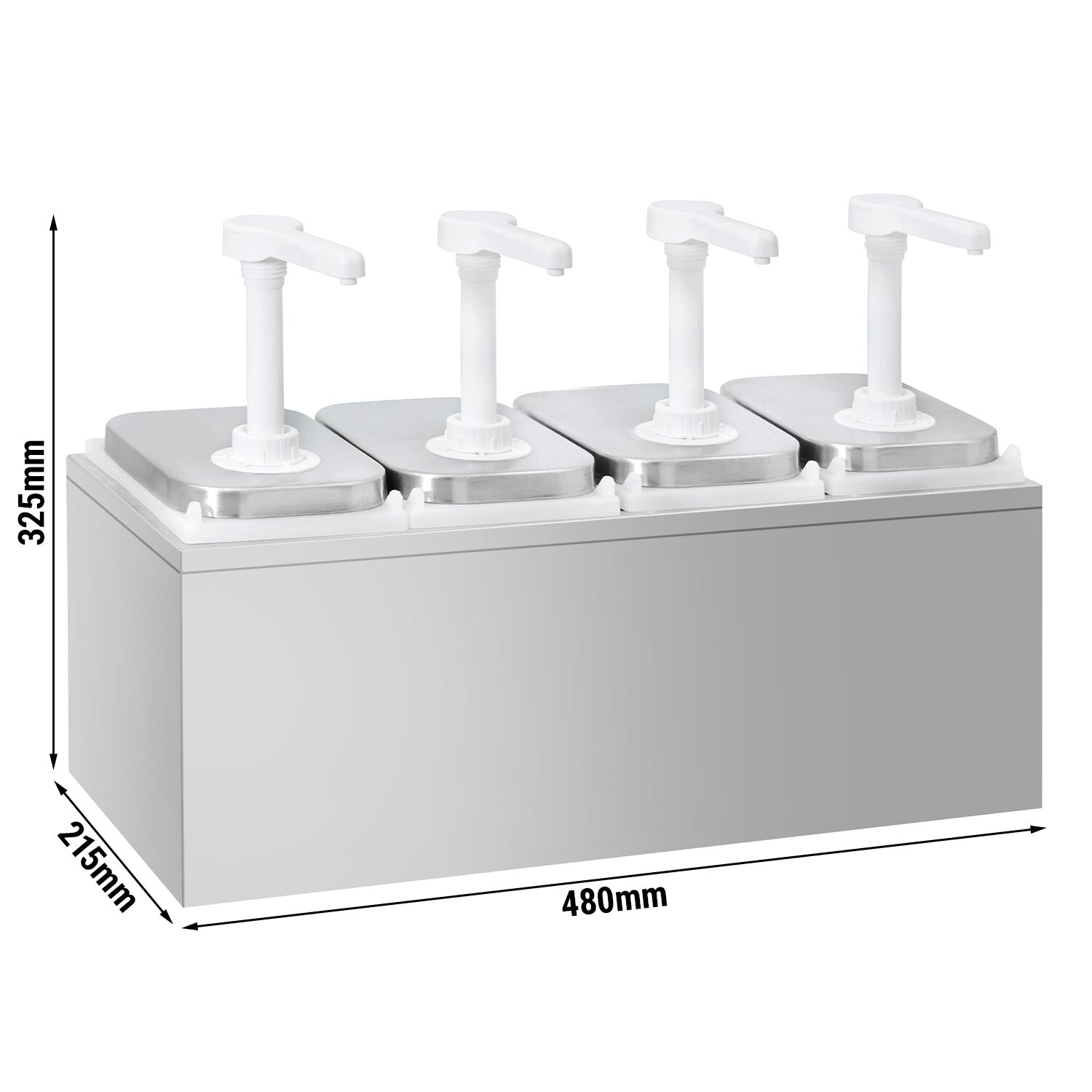 Commercial Condiment Dispenser - 4x 2 litres - adjustable dose - with container - incl. stainless steel frame - Stainless steel frame; Containers Polypropylene - 480x215x325mm