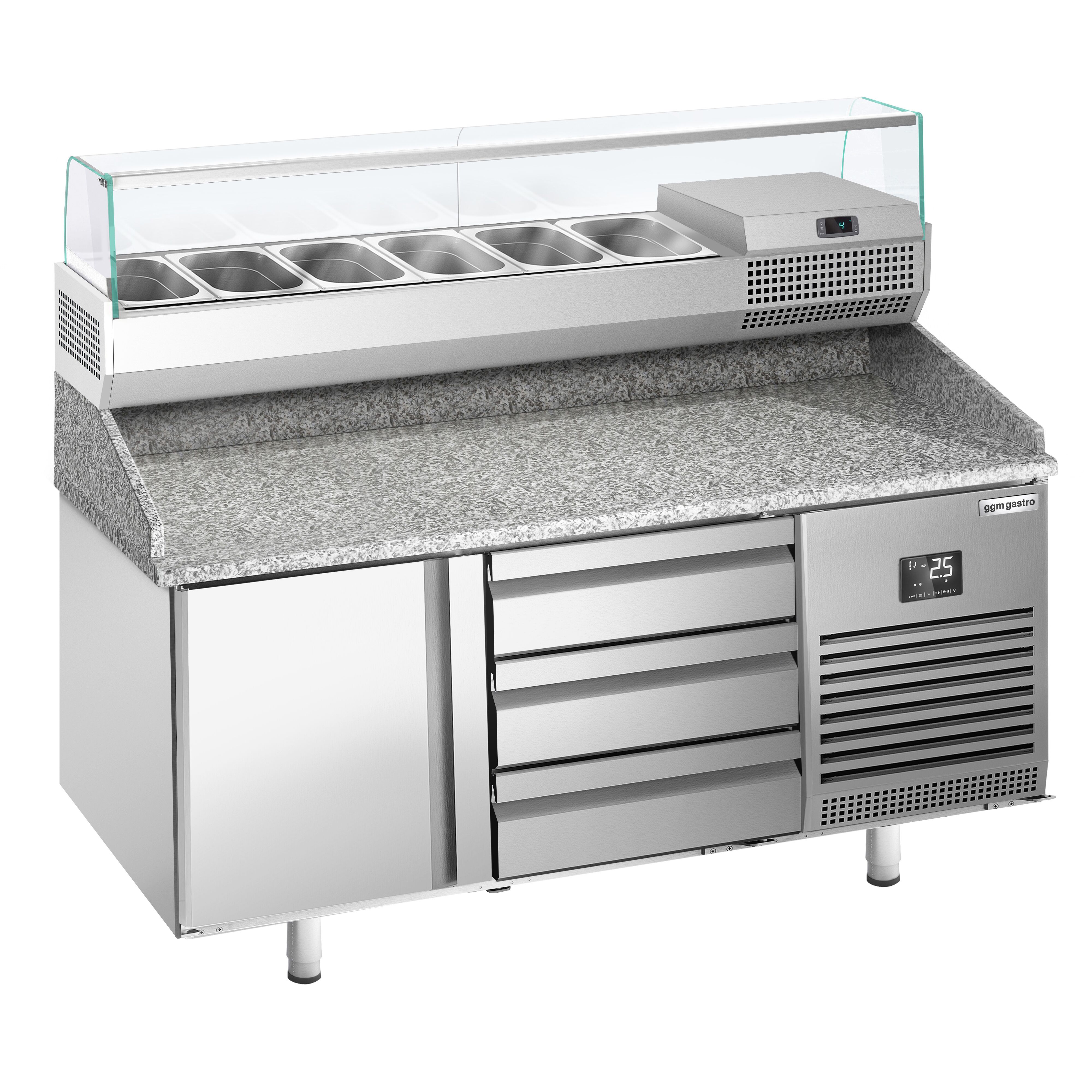 Table réfrigérée à pizza Premium PLUS - 1490x700 mm - avec 1 porte & 3 tiroirs - incl. vitrine réfrigérée - 6x GN 1/4