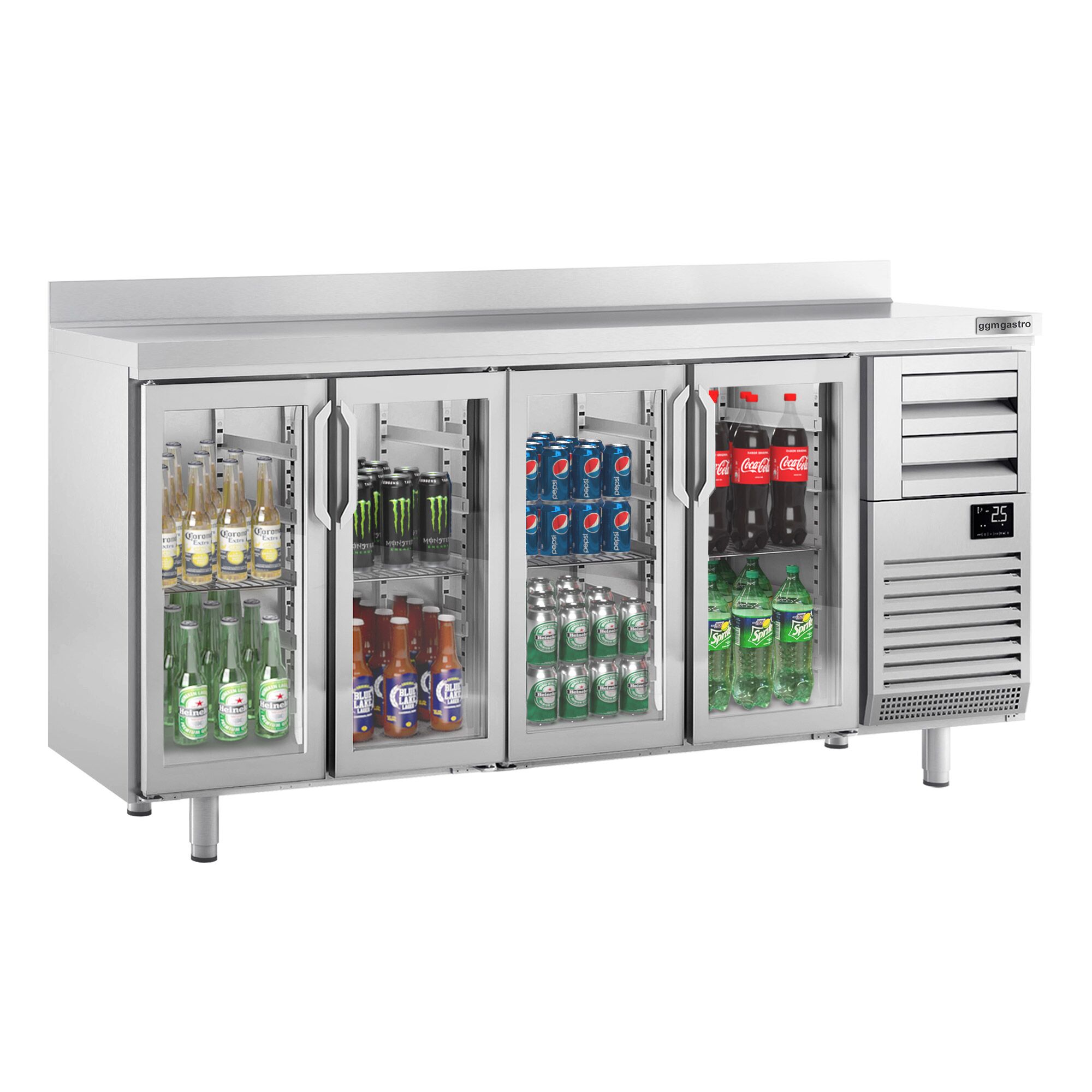 Commercial Back Bar Bottle Cooler PREMIUM PLUS - 2452x600x1150mm - 690L - with 4 Hinged Glass Doors, 2 Drawers, upstand & locks - Stainless Steel