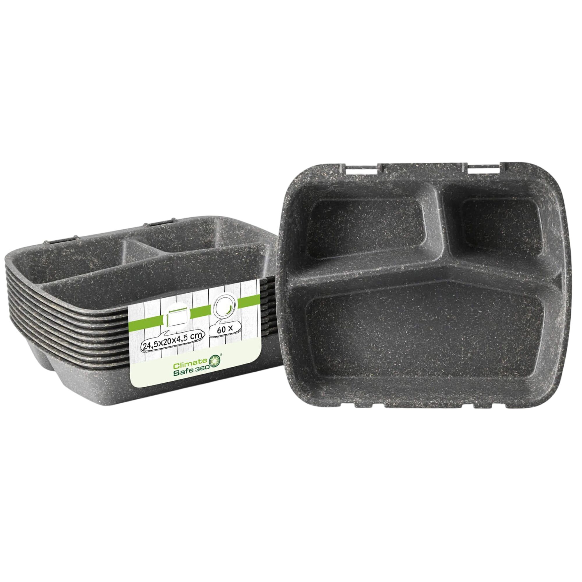 (60 pcs) Barquette réutilisable 3 compartiments - 245x200mm - Gris - Empilable