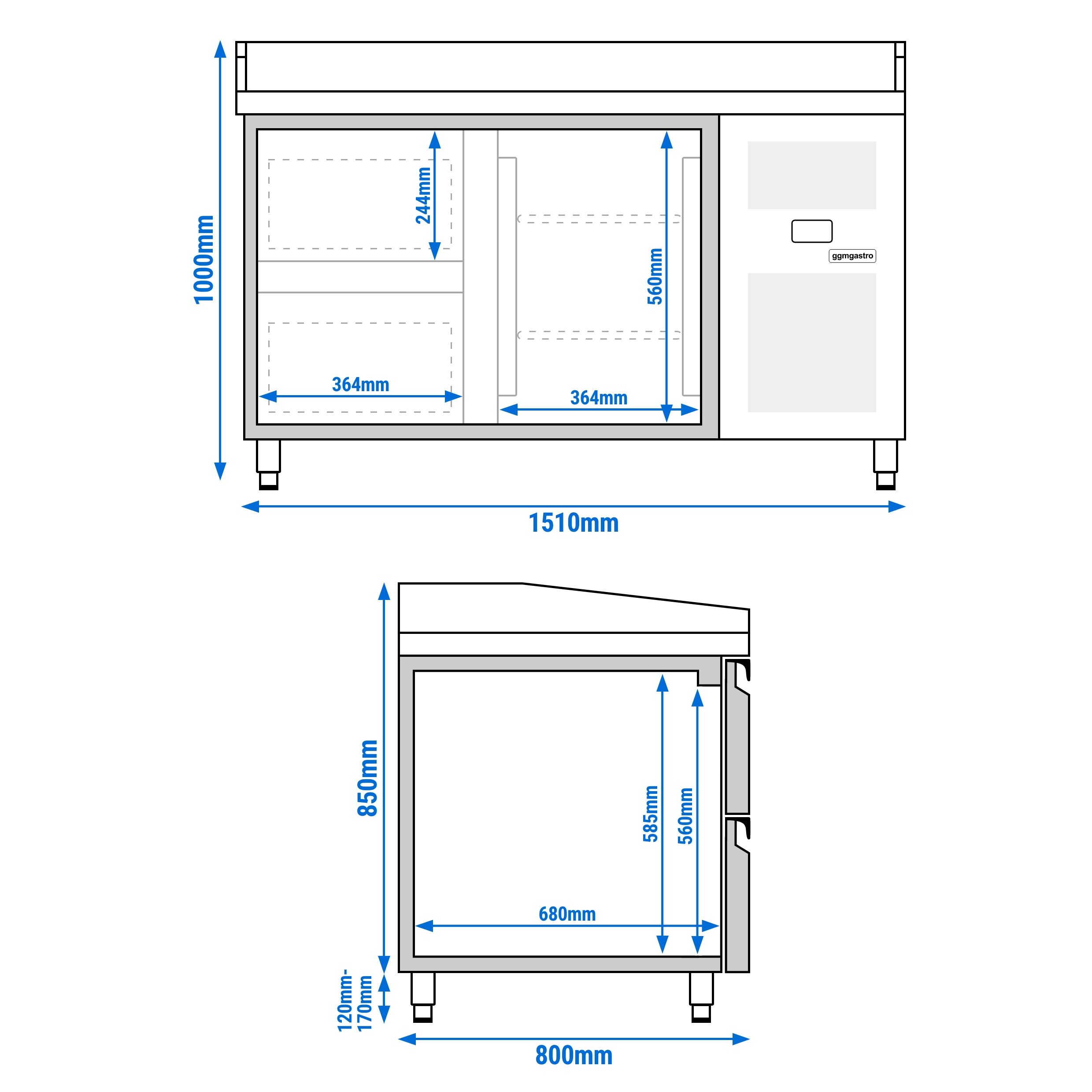 ECO pizza-hűtőpult – 1500x800 mm – 1 ajtóval és 2 fiókkal