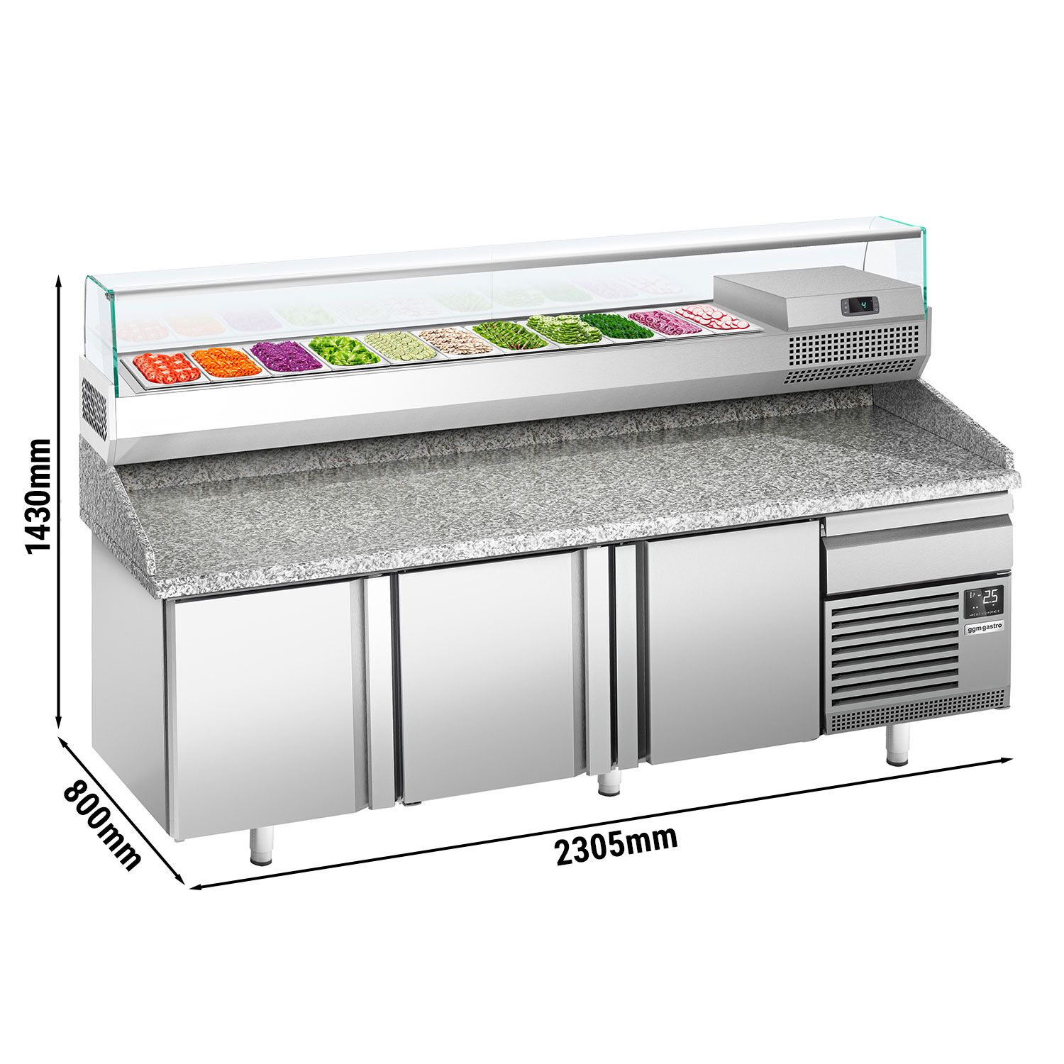 Table réfrigérée à pizza Premium PLUS - 2305x800 mm - avec 3 portes & 1 tiroir - incl. vitrine réfrigérée - 11x GN 1/4